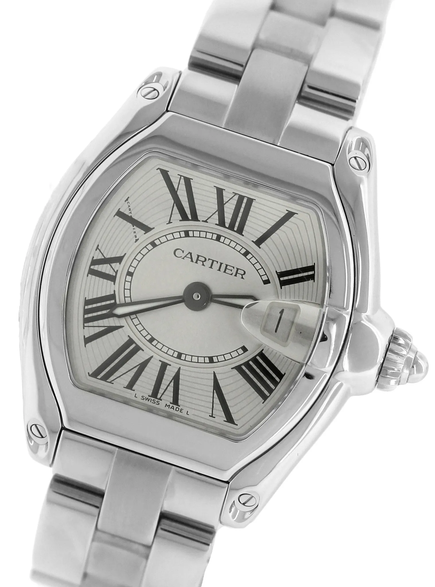 MINT Ladies Cartier Roadster Date Stainless Silver Quartz Roman Swiss Watch 2675