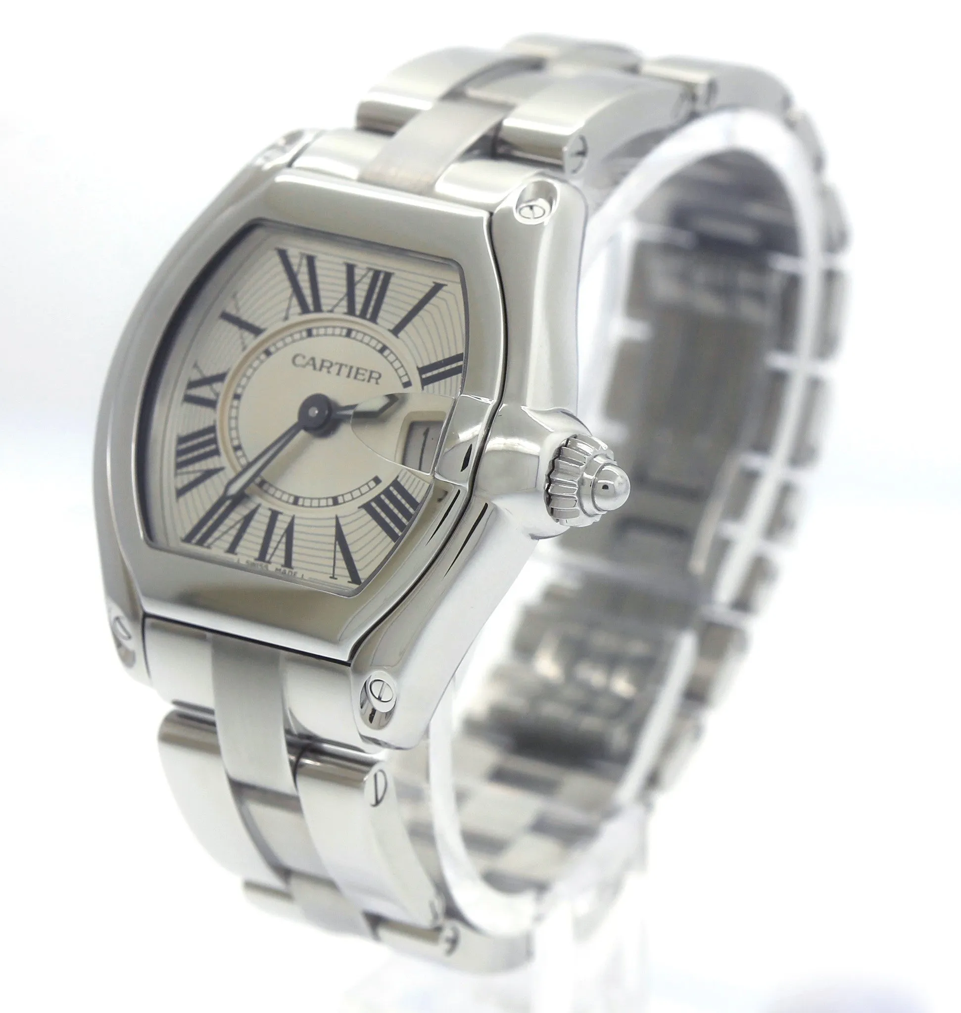 MINT Ladies Cartier Roadster Date Stainless Silver Quartz Roman Swiss Watch 2675