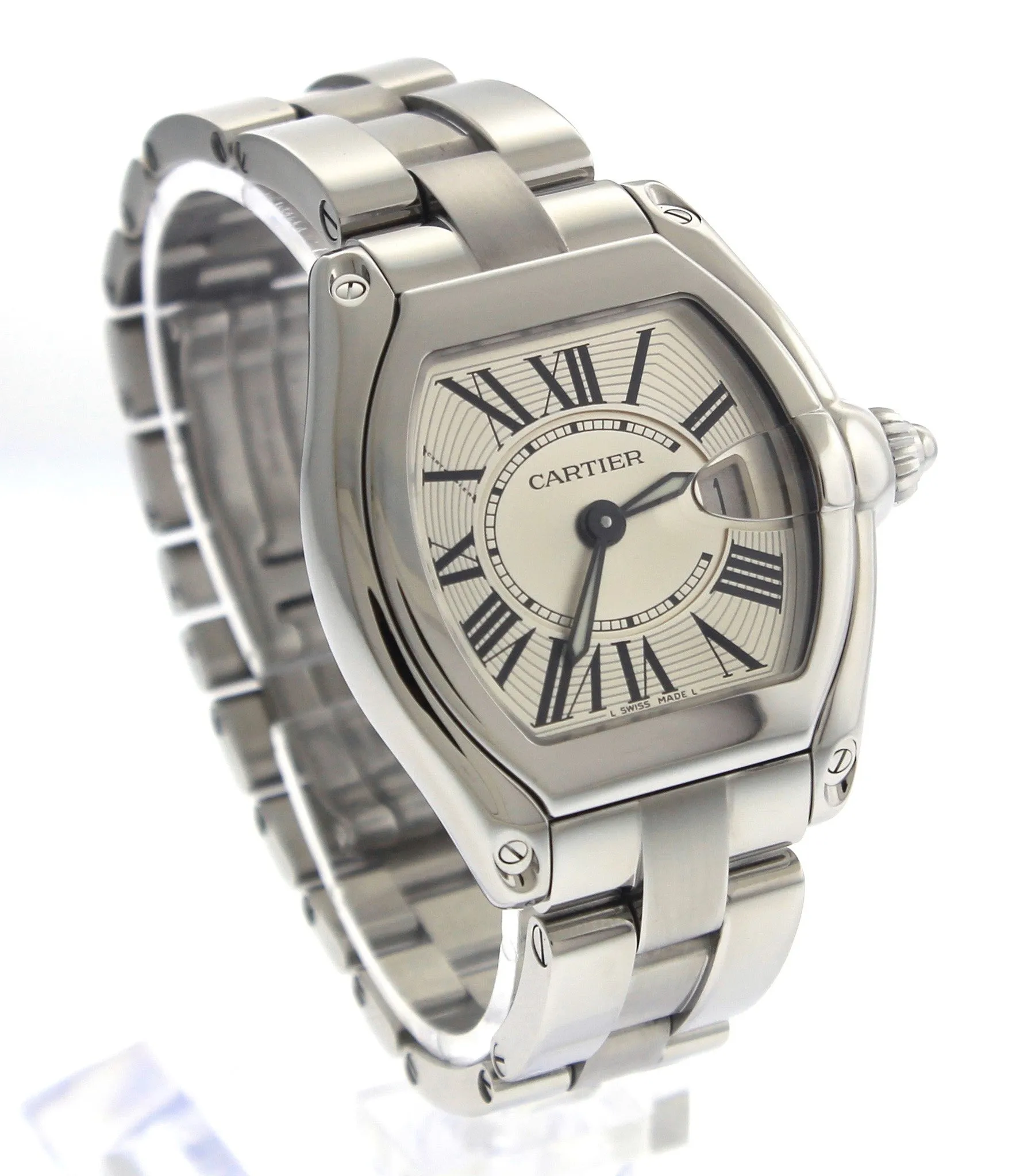 MINT Ladies Cartier Roadster Date Stainless Silver Quartz Roman Swiss Watch 2675