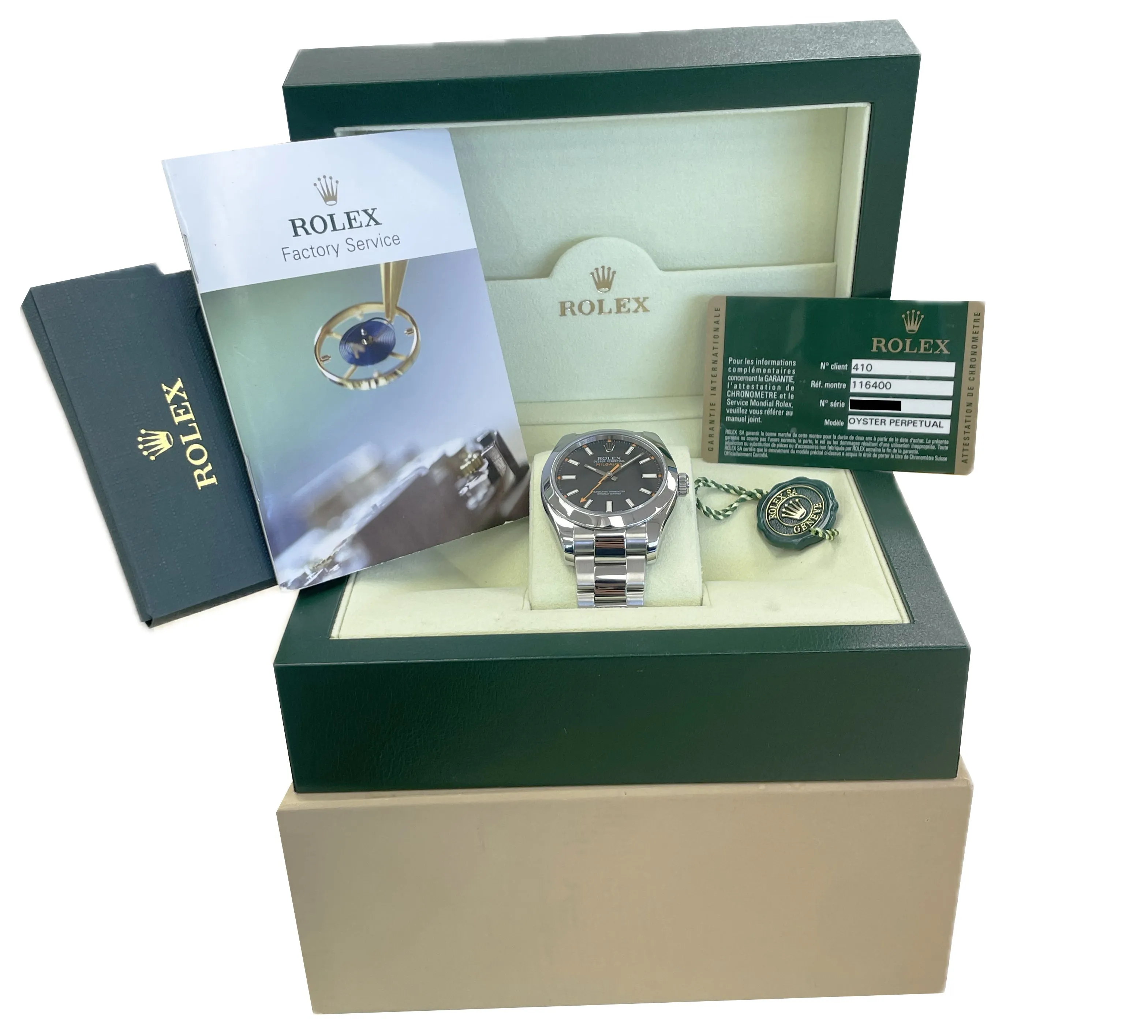 MINT PAPERS Rolex Milgauss 116400 Black Orange 40mm Stainless Steel Watch BOX