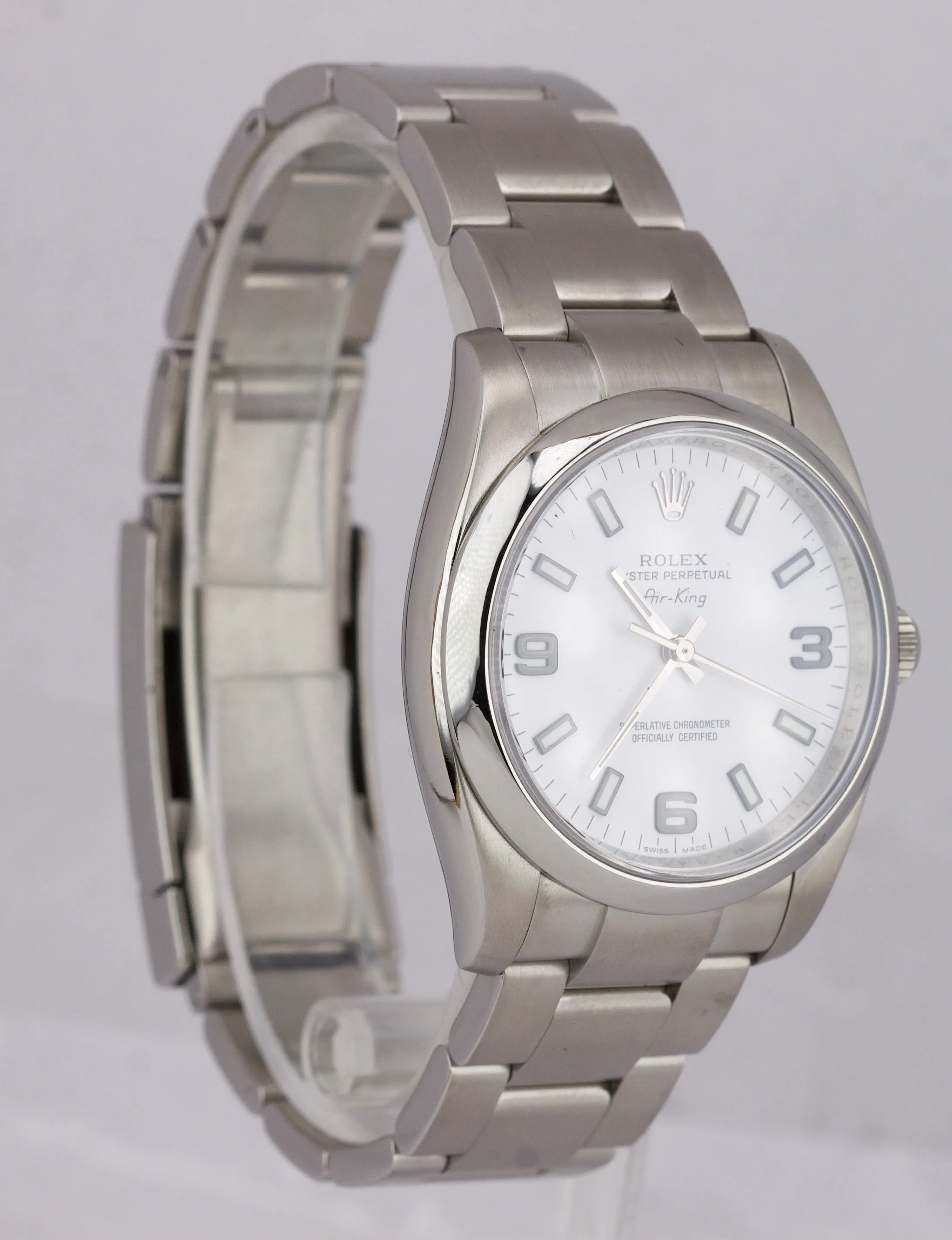 MINT Rolex Air-King Oyster Perpetual White Roman Stainless 114200 34mm Watch
