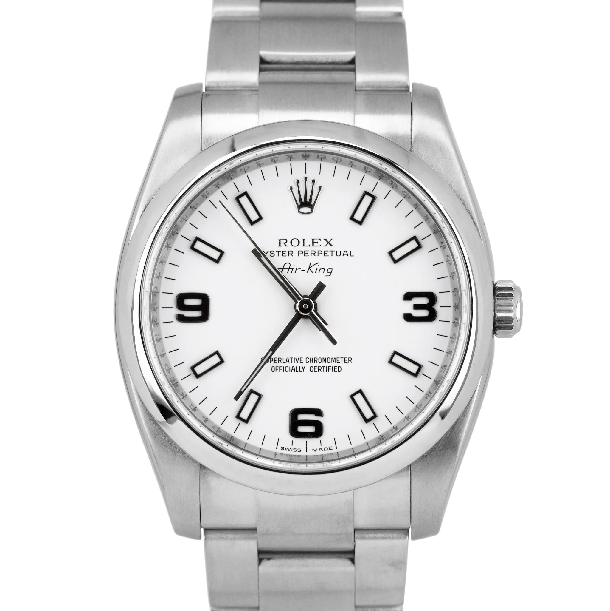 MINT Rolex Air-King Oyster Perpetual White Roman Stainless 114200 34mm Watch