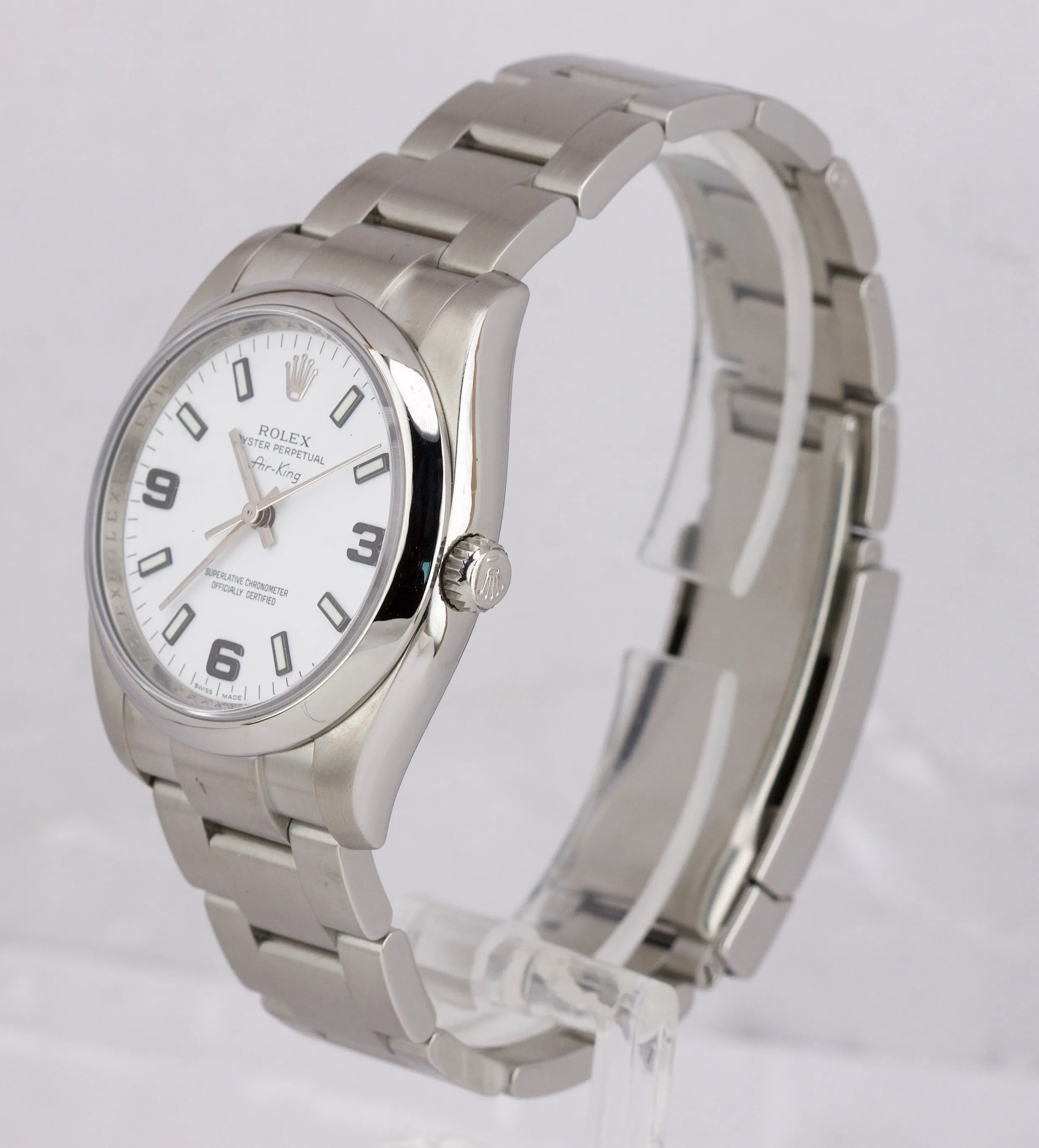 MINT Rolex Air-King Oyster Perpetual White Roman Stainless 114200 34mm Watch