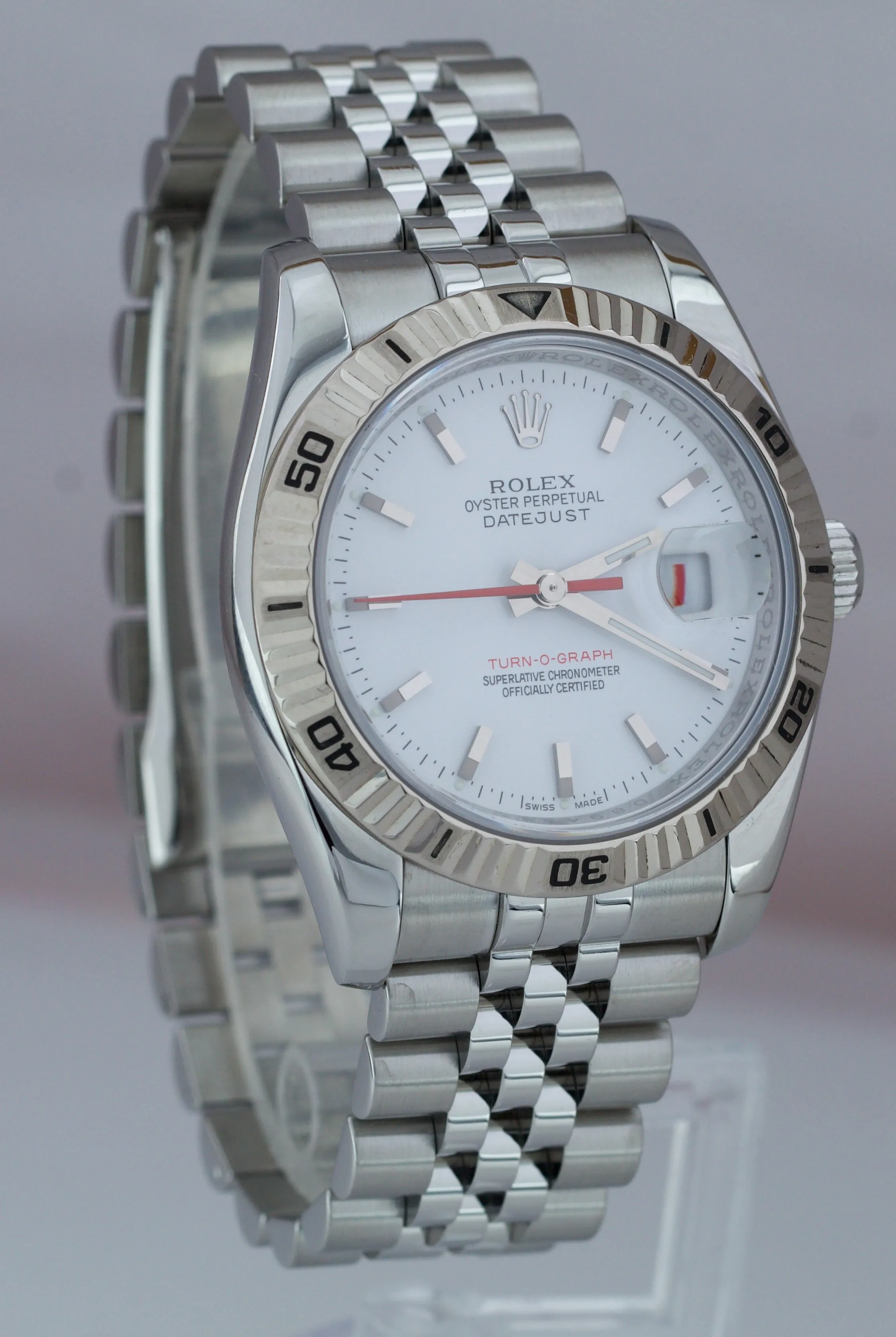 MINT Rolex DateJust 116264 Turn-O-Graph 36mm Thunderbird White Jubilee Watch