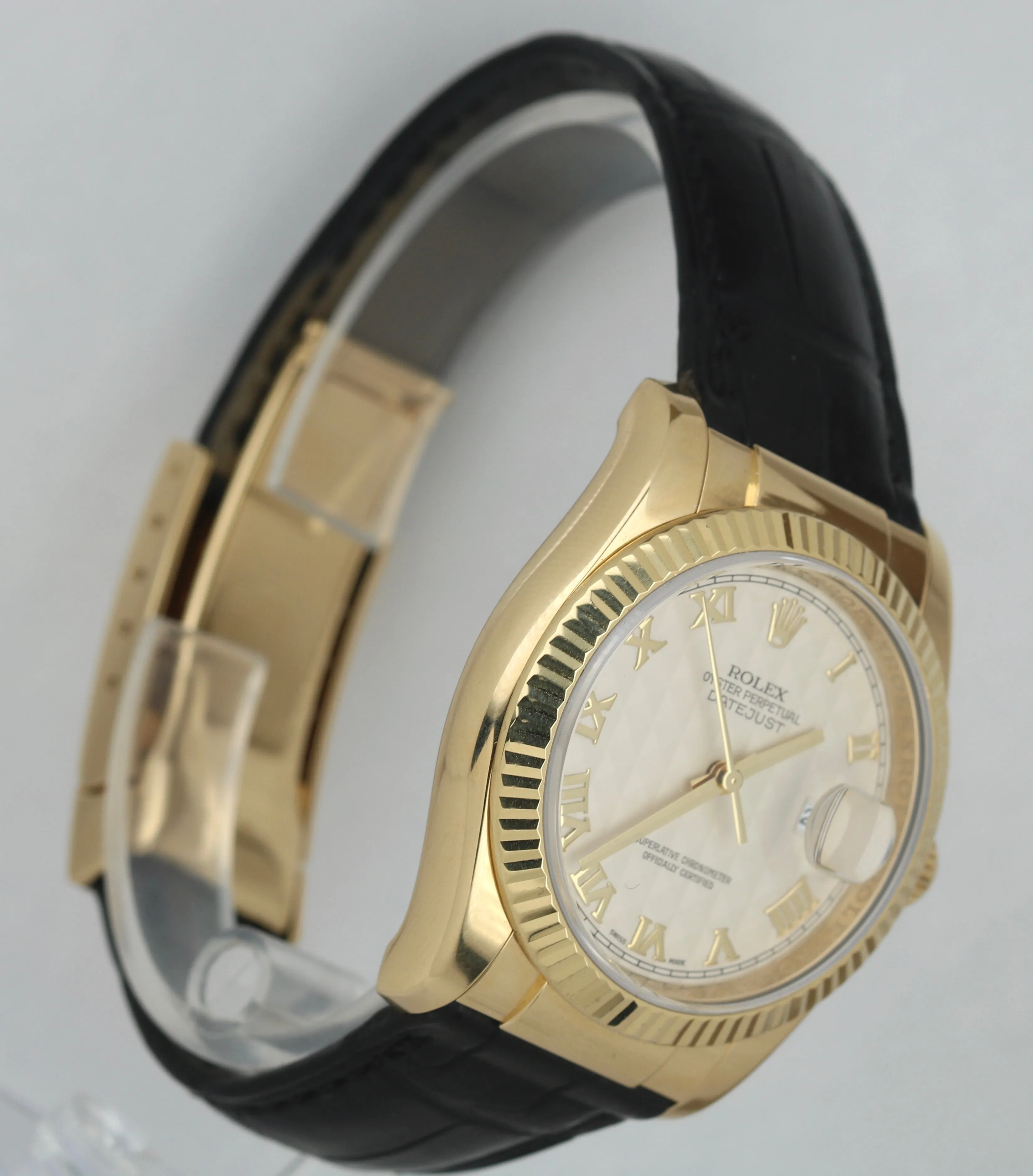 MINT Rolex DateJust 36mm 116138 Ivory Pyramid Dial 18K Yellow Gold Leather Watch