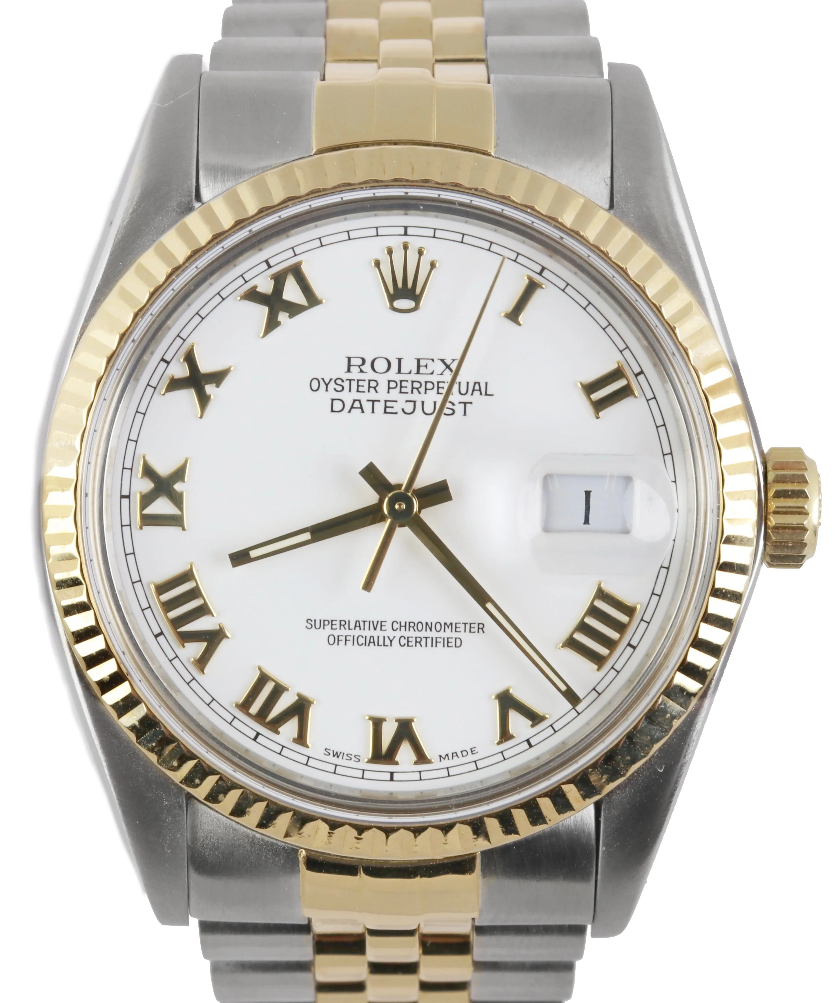 Mint Rolex DateJust 36mm 16013 White Roman 18K Two-Tone Gold Steel Jubilee Watch