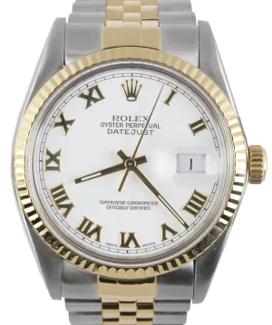 Mint Rolex DateJust 36mm 16013 White Roman 18K Two-Tone Gold Steel Jubilee Watch