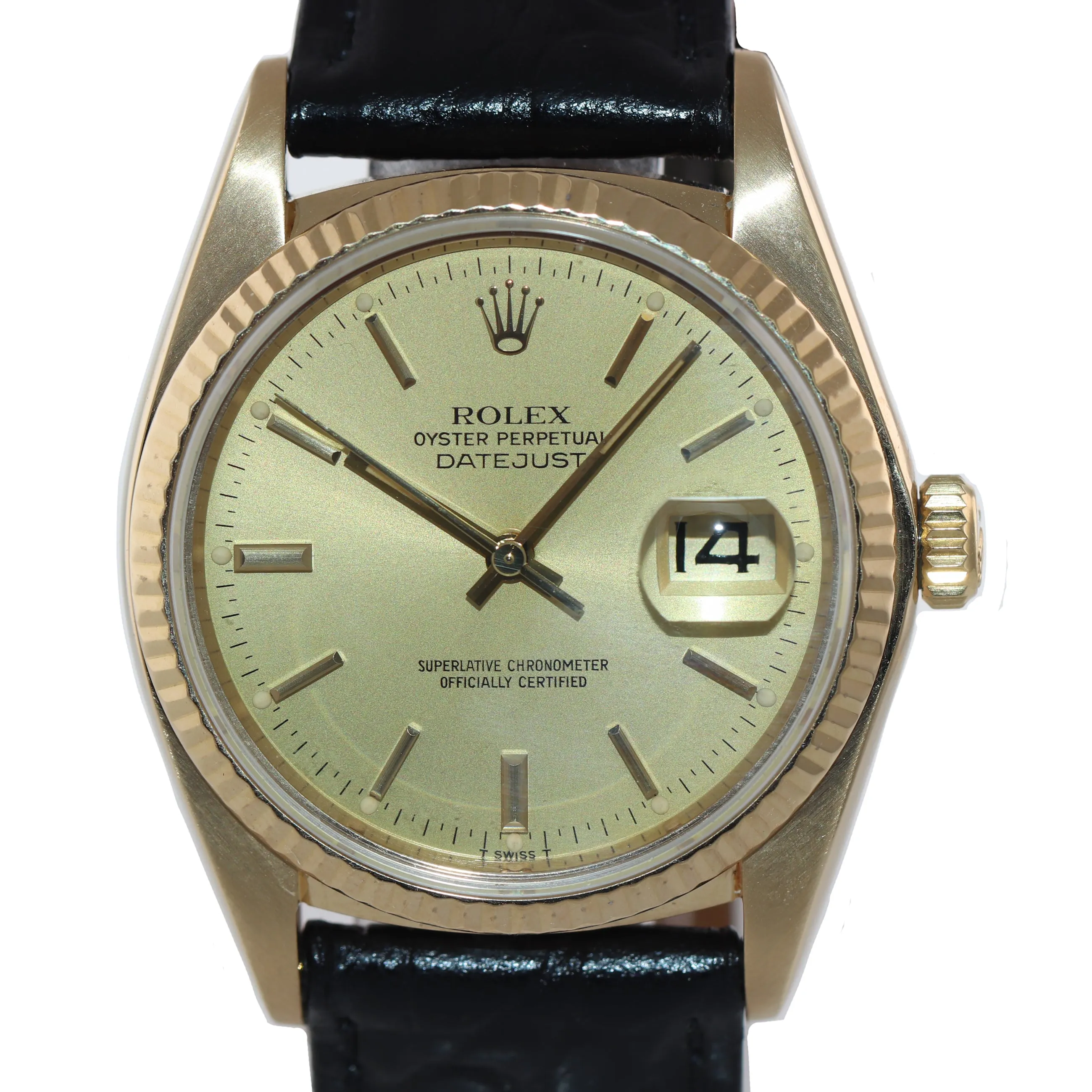 MINT Rolex DateJust 36mm 16018 18K Yellow Gold Champagne Dial Leather Watch