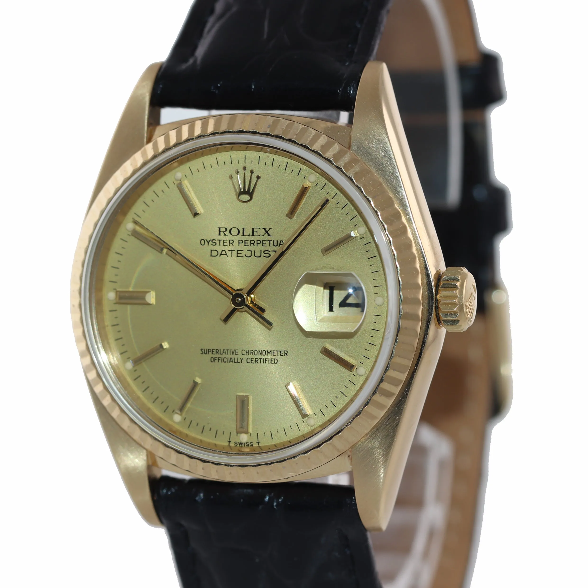 MINT Rolex DateJust 36mm 16018 18K Yellow Gold Champagne Dial Leather Watch
