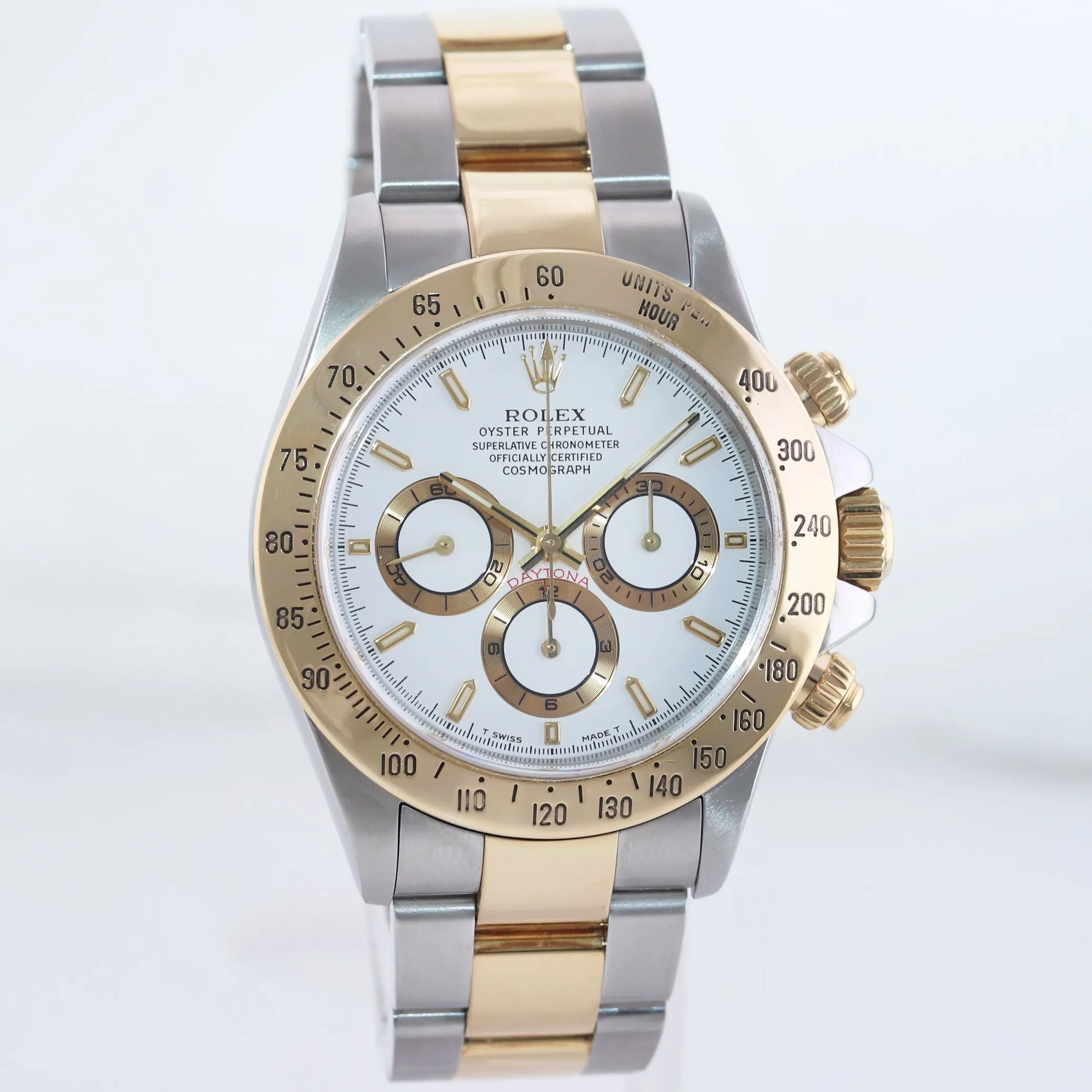 MINT Rolex Daytona 16523 Zenith Two Tone Steel Yellow Gold White Stick Dial Watch