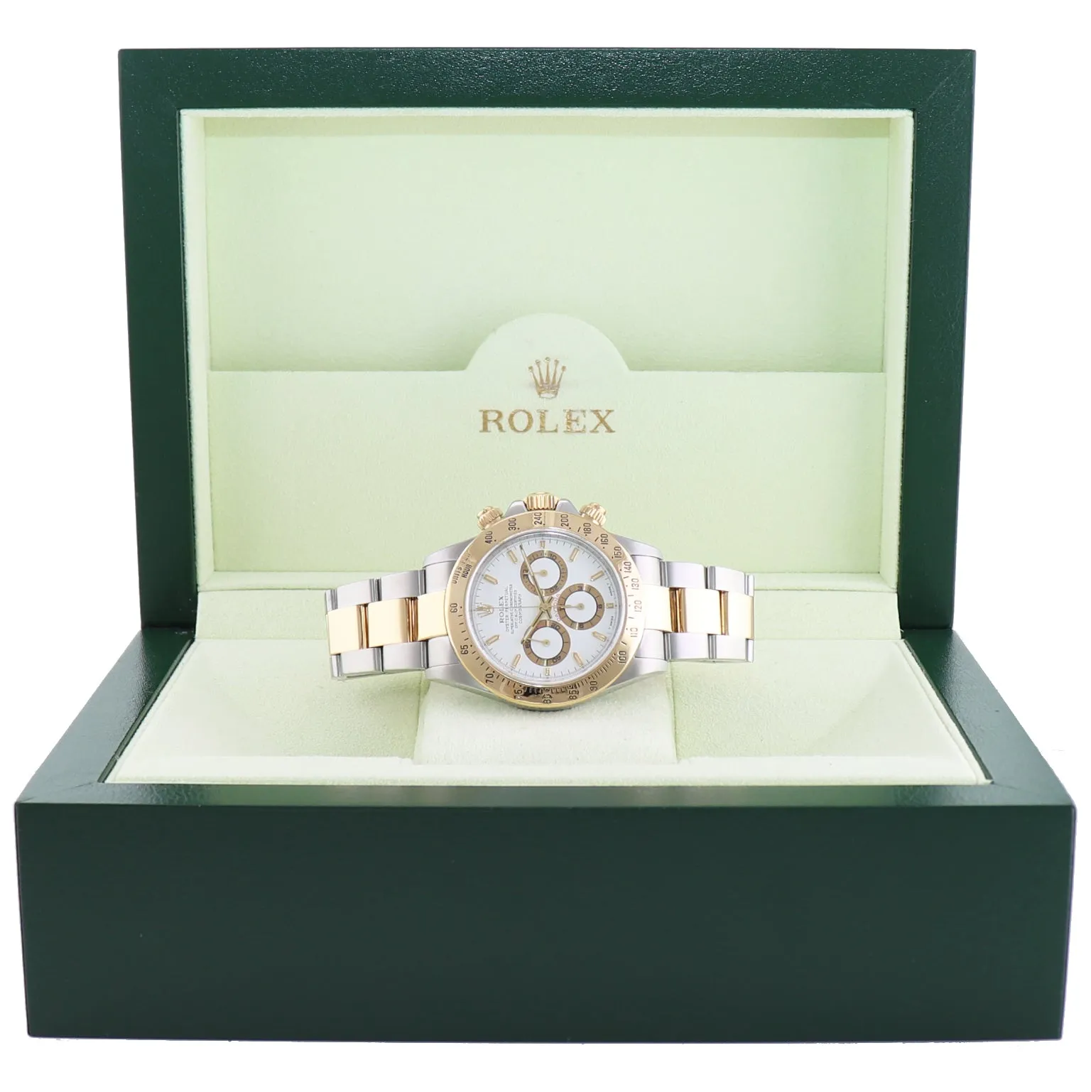 MINT Rolex Daytona 16523 Zenith Two Tone Steel Yellow Gold White Stick Dial Watch