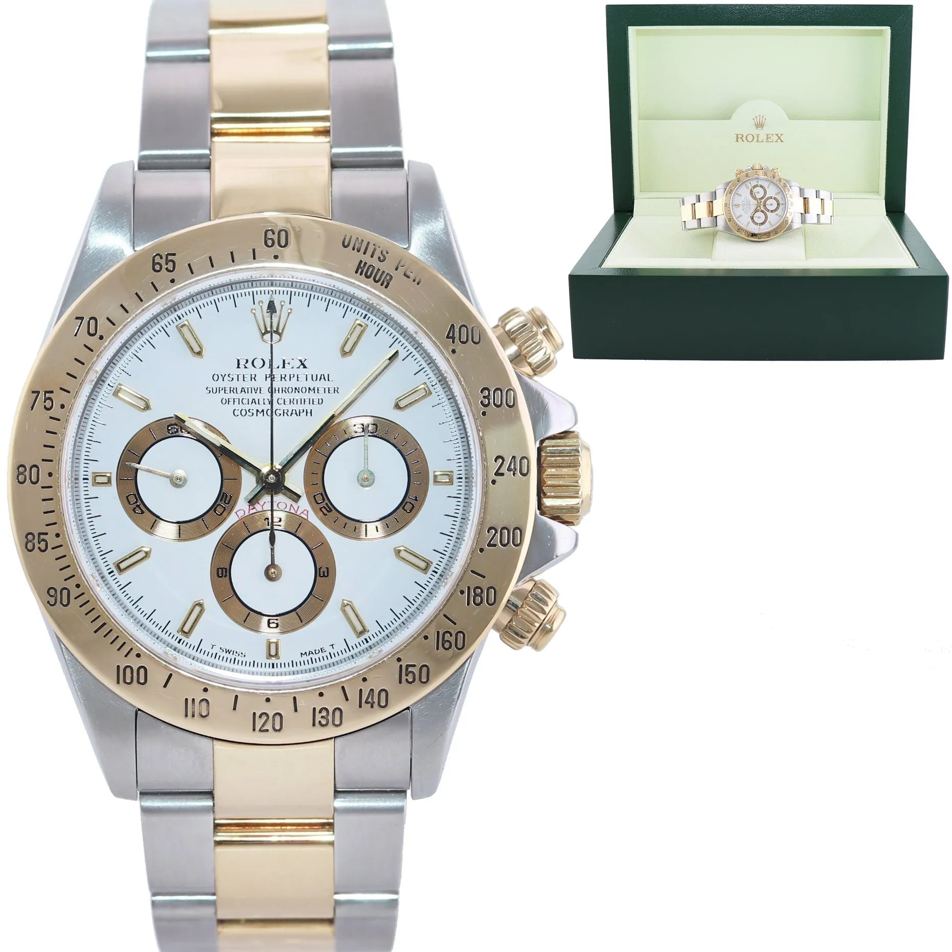 MINT Rolex Daytona 16523 Zenith Two Tone Steel Yellow Gold White Stick Dial Watch