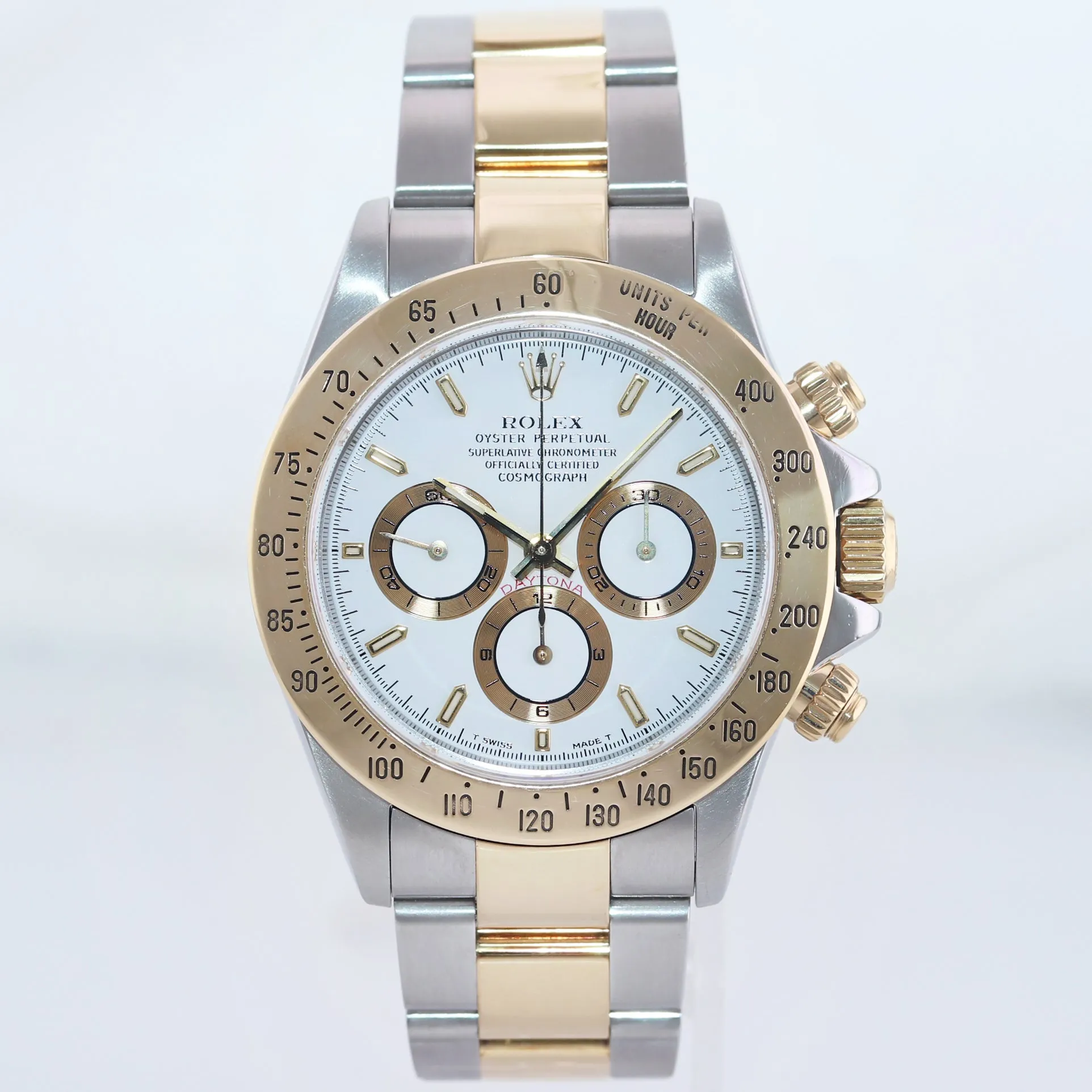 MINT Rolex Daytona 16523 Zenith Two Tone Steel Yellow Gold White Stick Dial Watch