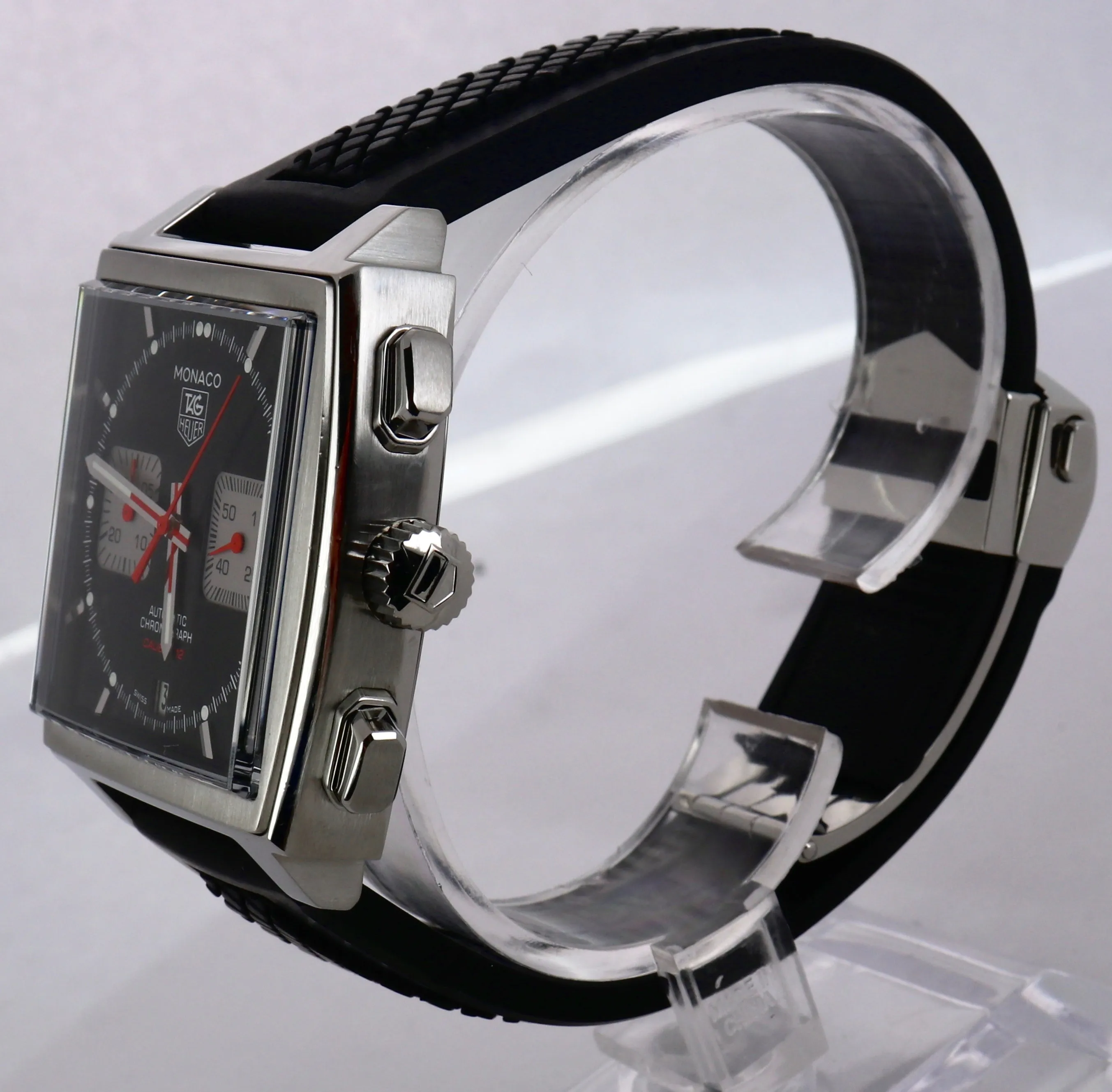 MINT TAG Heuer Monaco Calibre 12 Chronograph Black Stainless CAW2114 39mm Watch