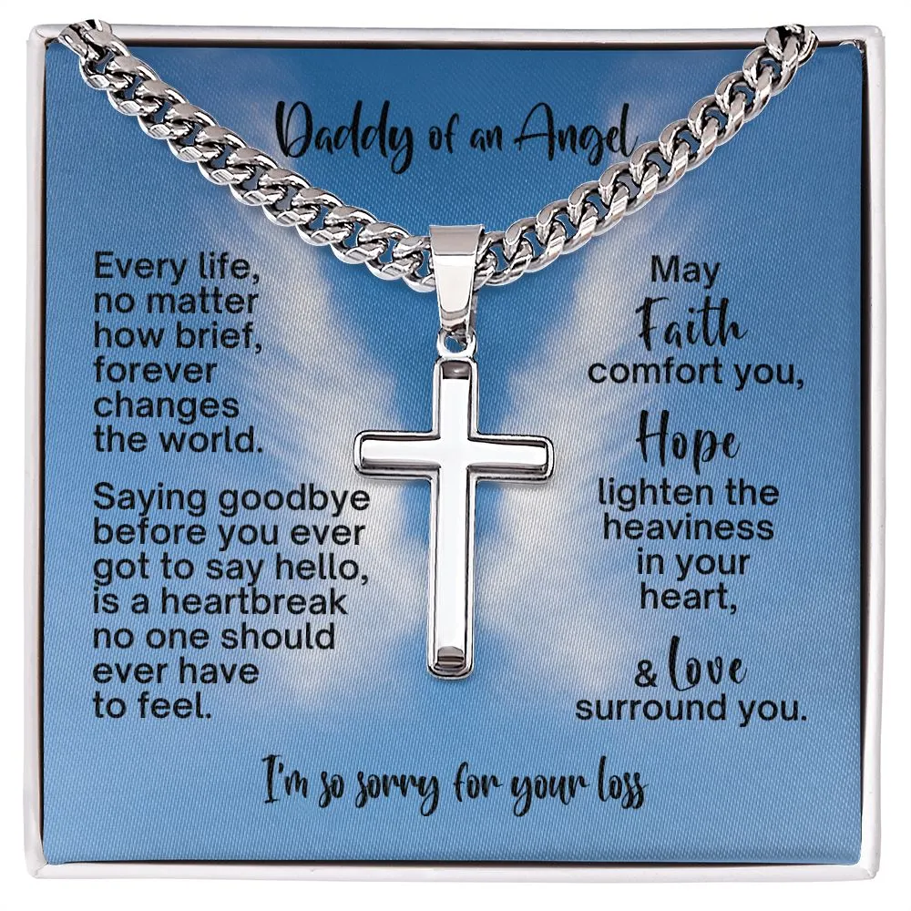 Miscarriage Gift for Dad, Loss of Baby Cross with Cuban Chain for Daddy, Infant Loss Keepsake, Stillborn Memorial Present