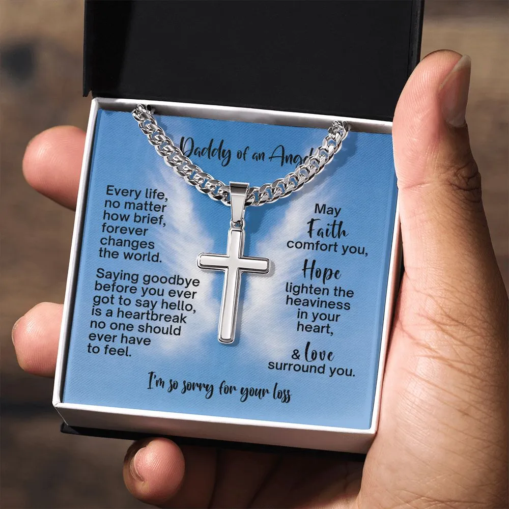 Miscarriage Gift for Dad, Loss of Baby Cross with Cuban Chain for Daddy, Infant Loss Keepsake, Stillborn Memorial Present