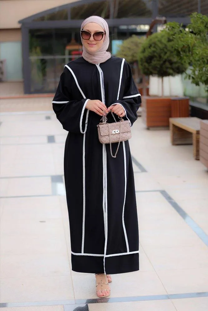 Modern Black Abaya with White Trims