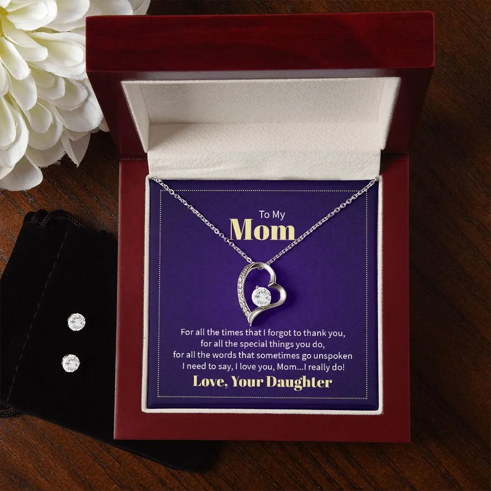 Mom Thank You Love Your Daughter Forever Love Necklace and Cubic Zirconia Earring Set