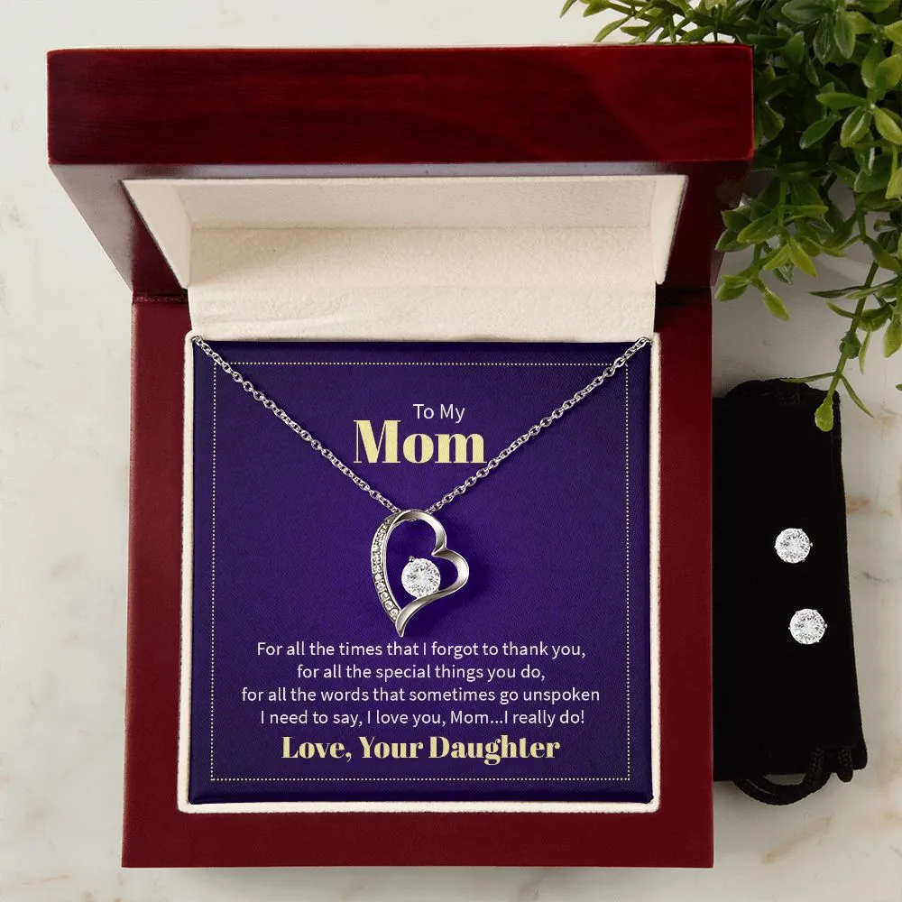Mom Thank You Love Your Daughter Forever Love Necklace and Cubic Zirconia Earring Set