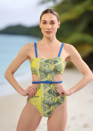 Monaco One-Piece Swimsuit – Luxury Cutout Swimsuit in Yellow & Blue Print | Sustainable Resortwear 2025