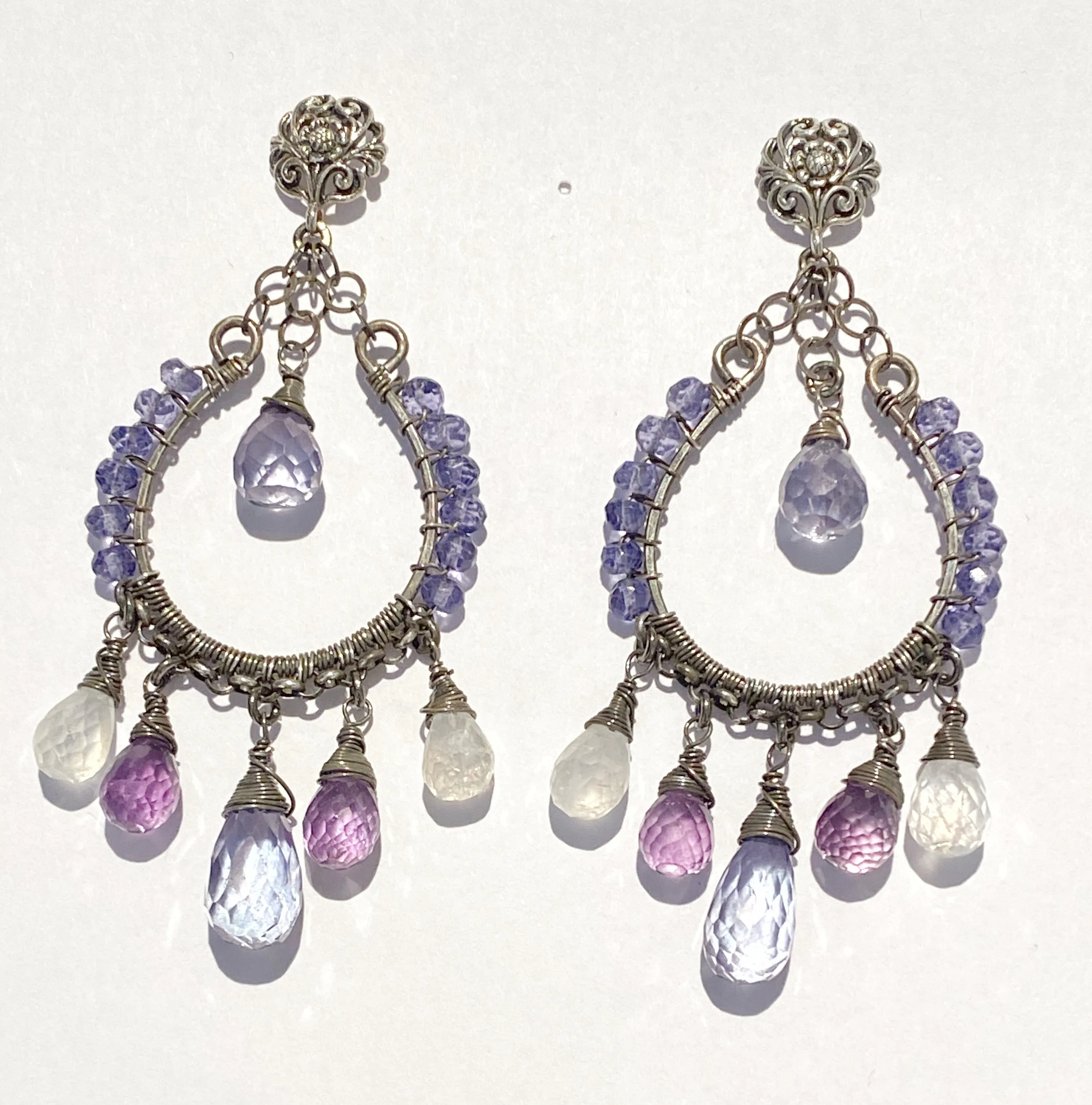 Moonstone, Amethyst, Blue Violet Hoop Earrings Oxidized Silver