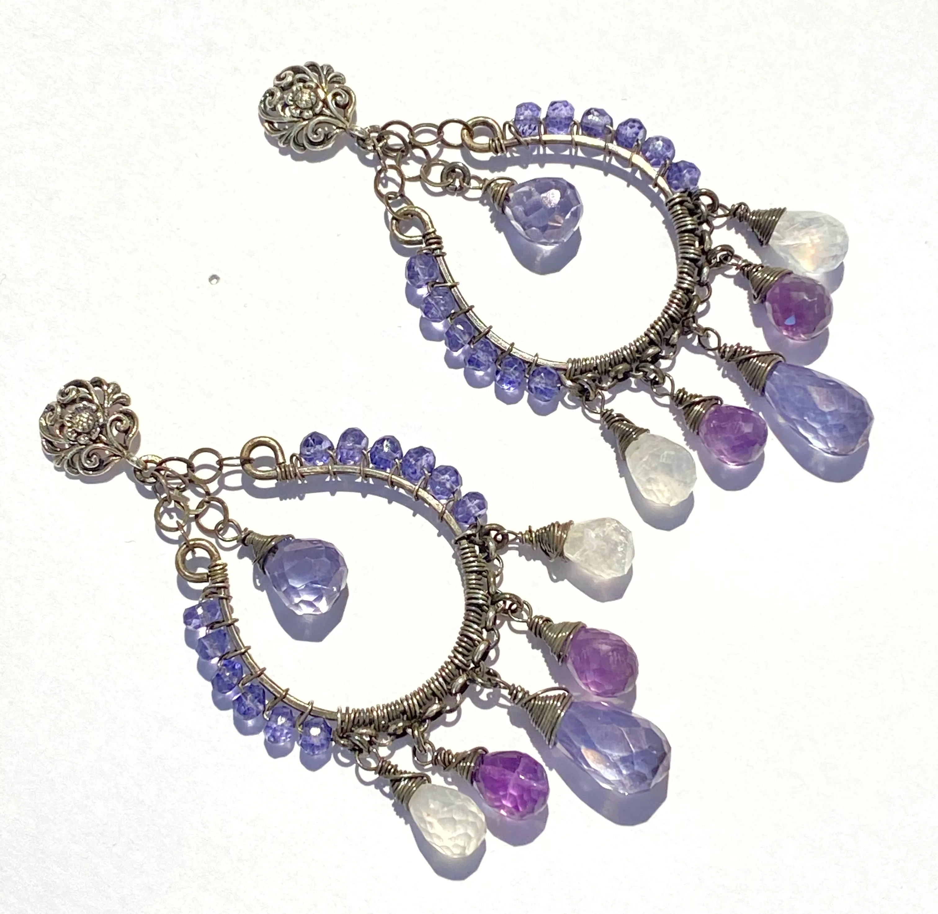 Moonstone, Amethyst, Blue Violet Hoop Earrings Oxidized Silver
