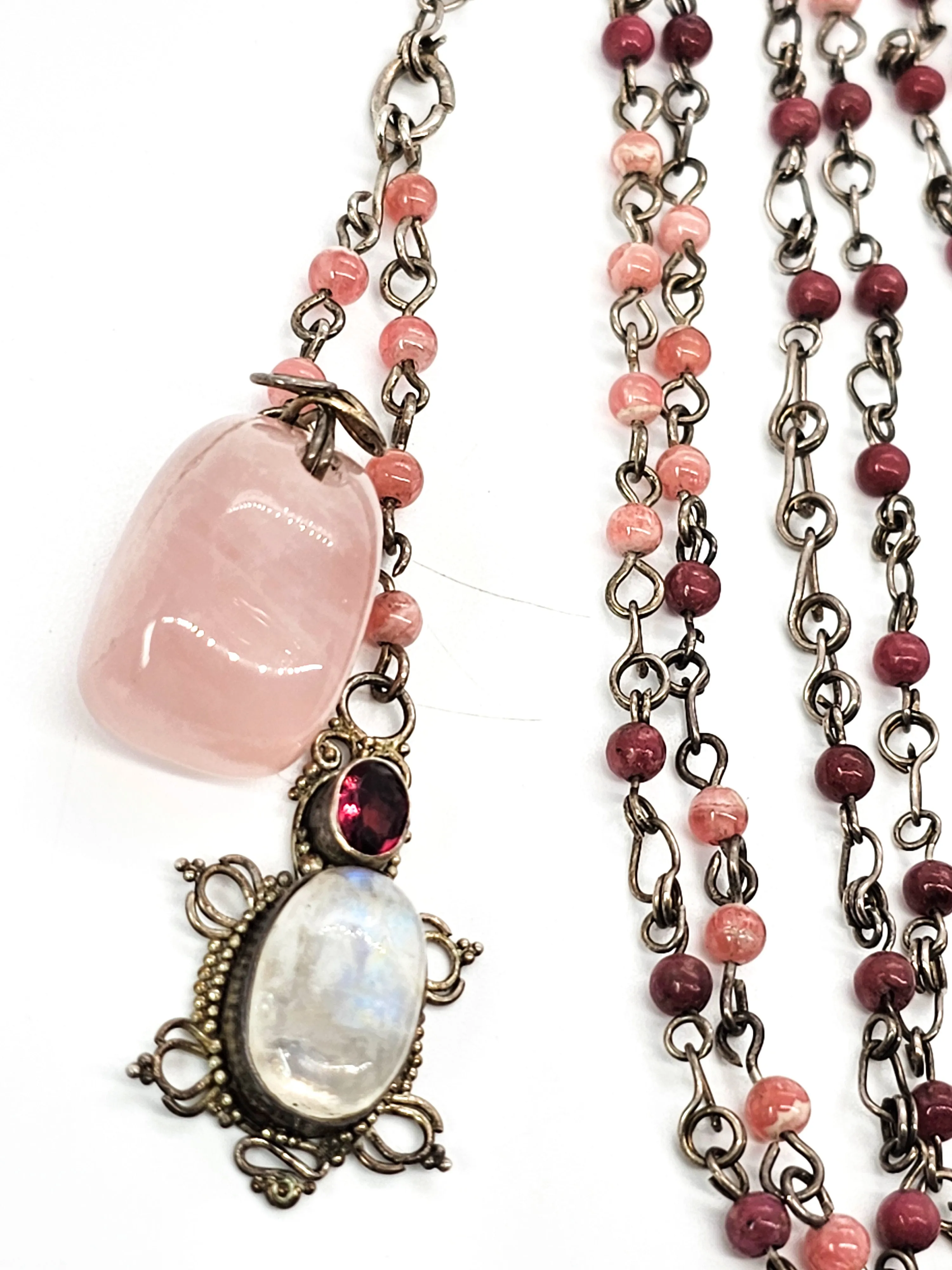 Moonstone rhodochrosite Rose quartz sterling silver artisan long necklace