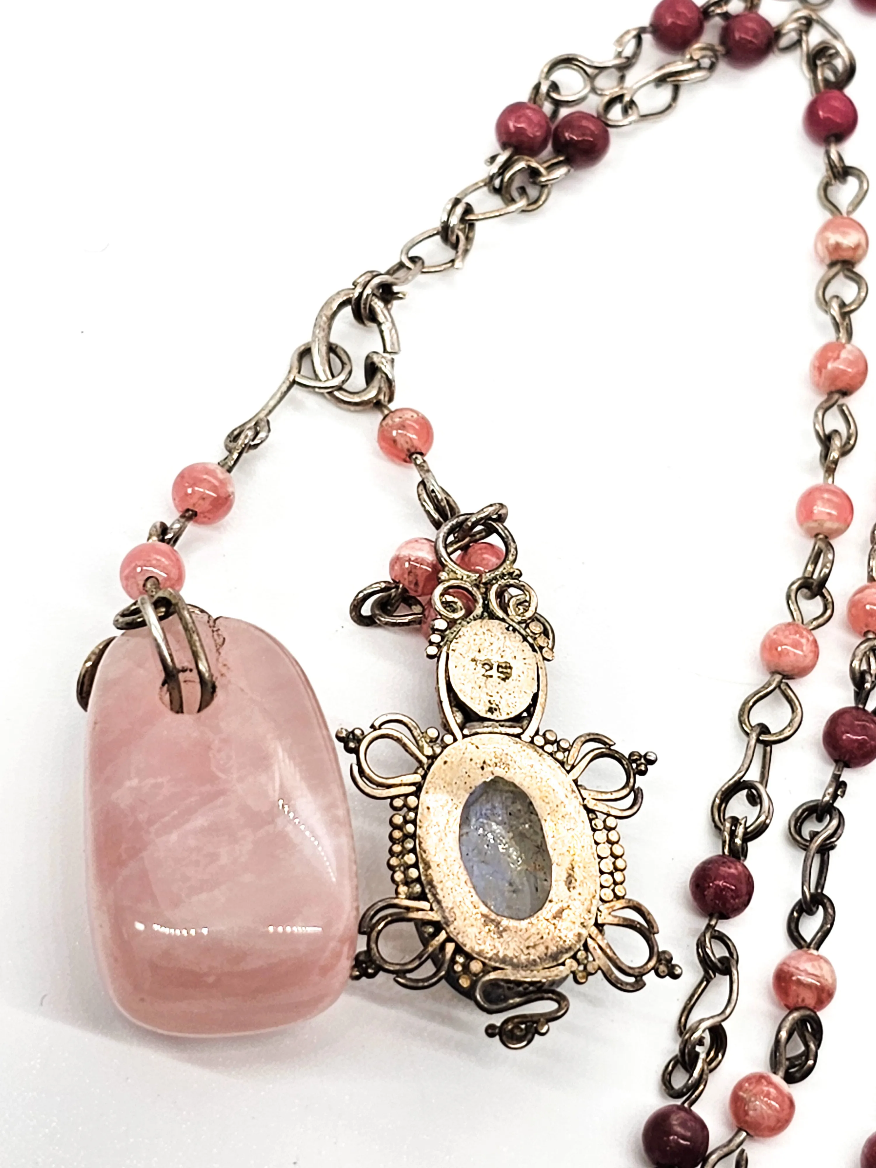 Moonstone rhodochrosite Rose quartz sterling silver artisan long necklace