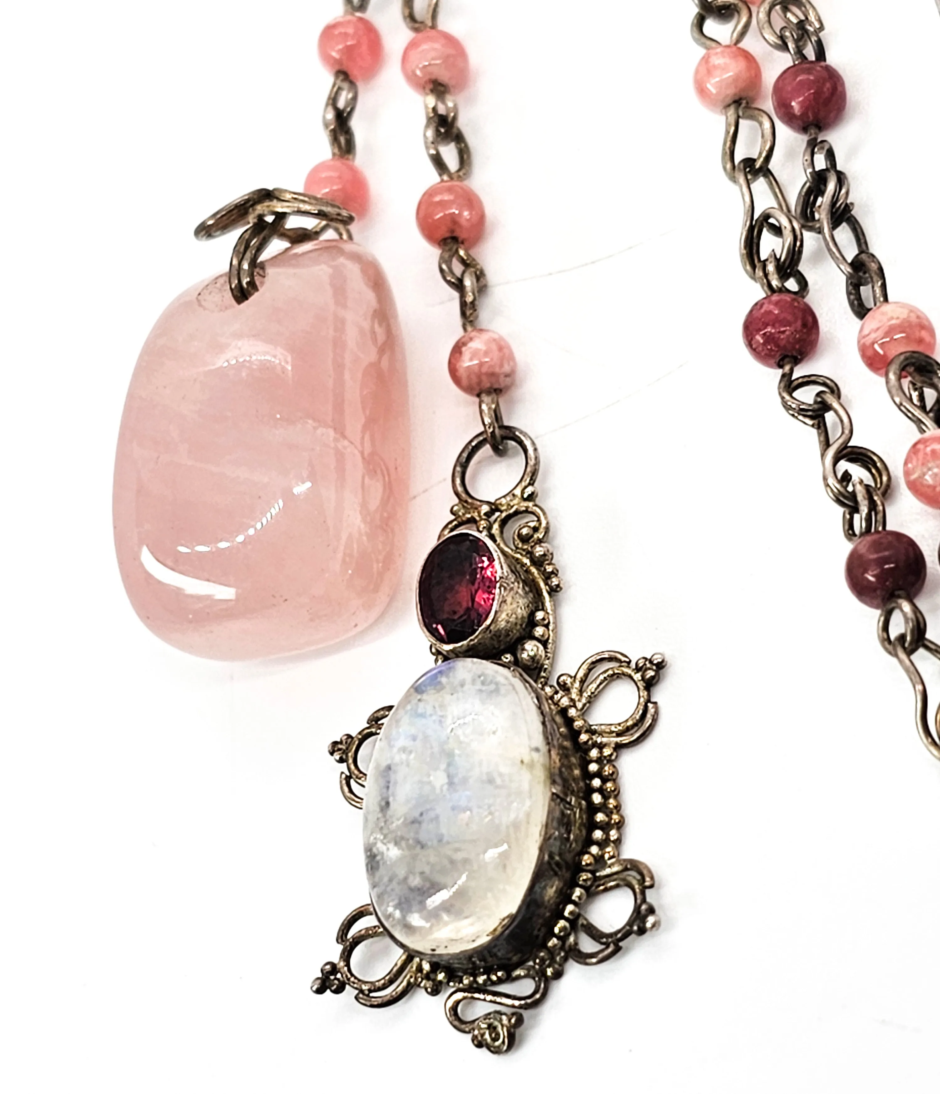 Moonstone rhodochrosite Rose quartz sterling silver artisan long necklace