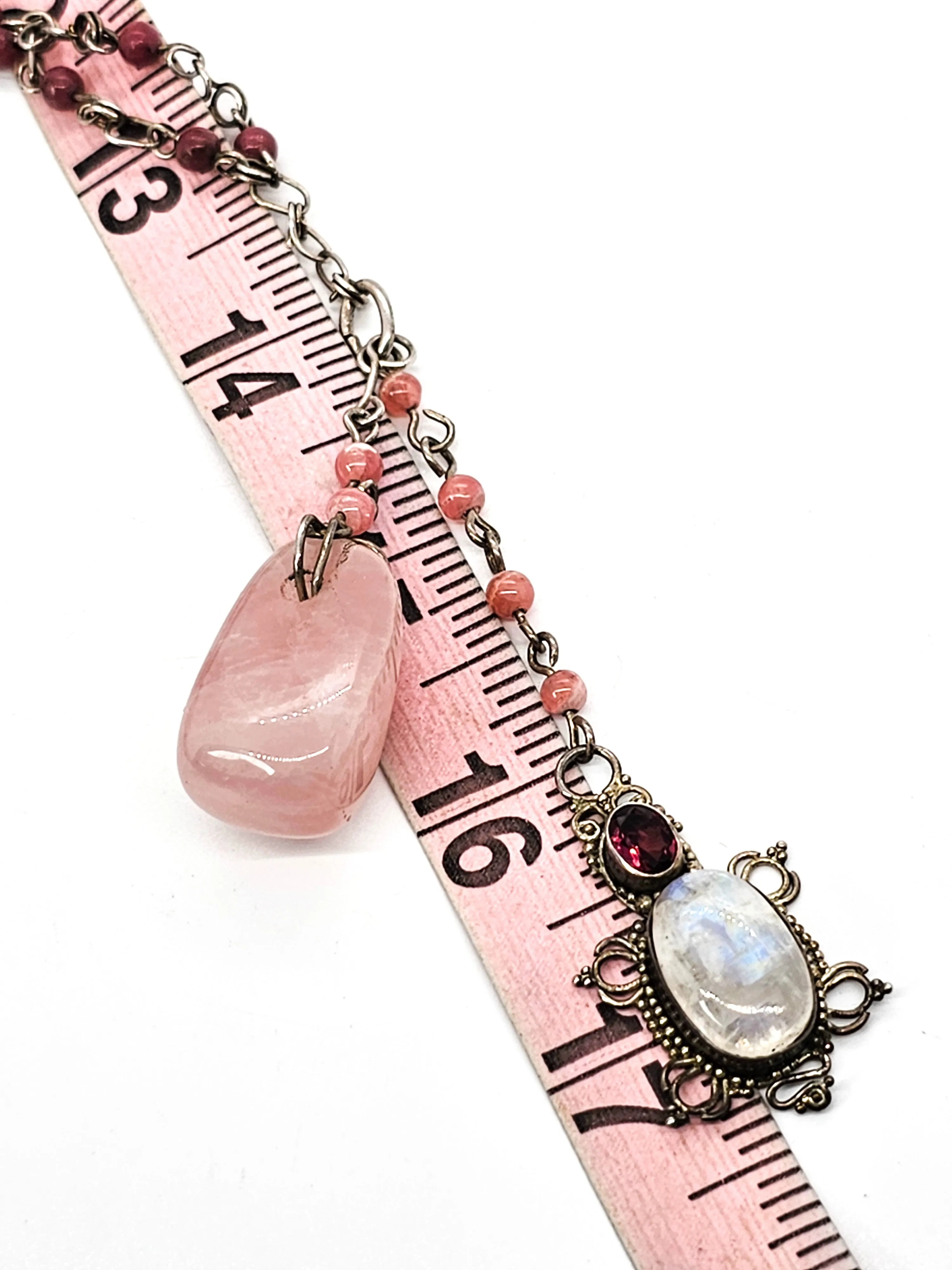 Moonstone rhodochrosite Rose quartz sterling silver artisan long necklace