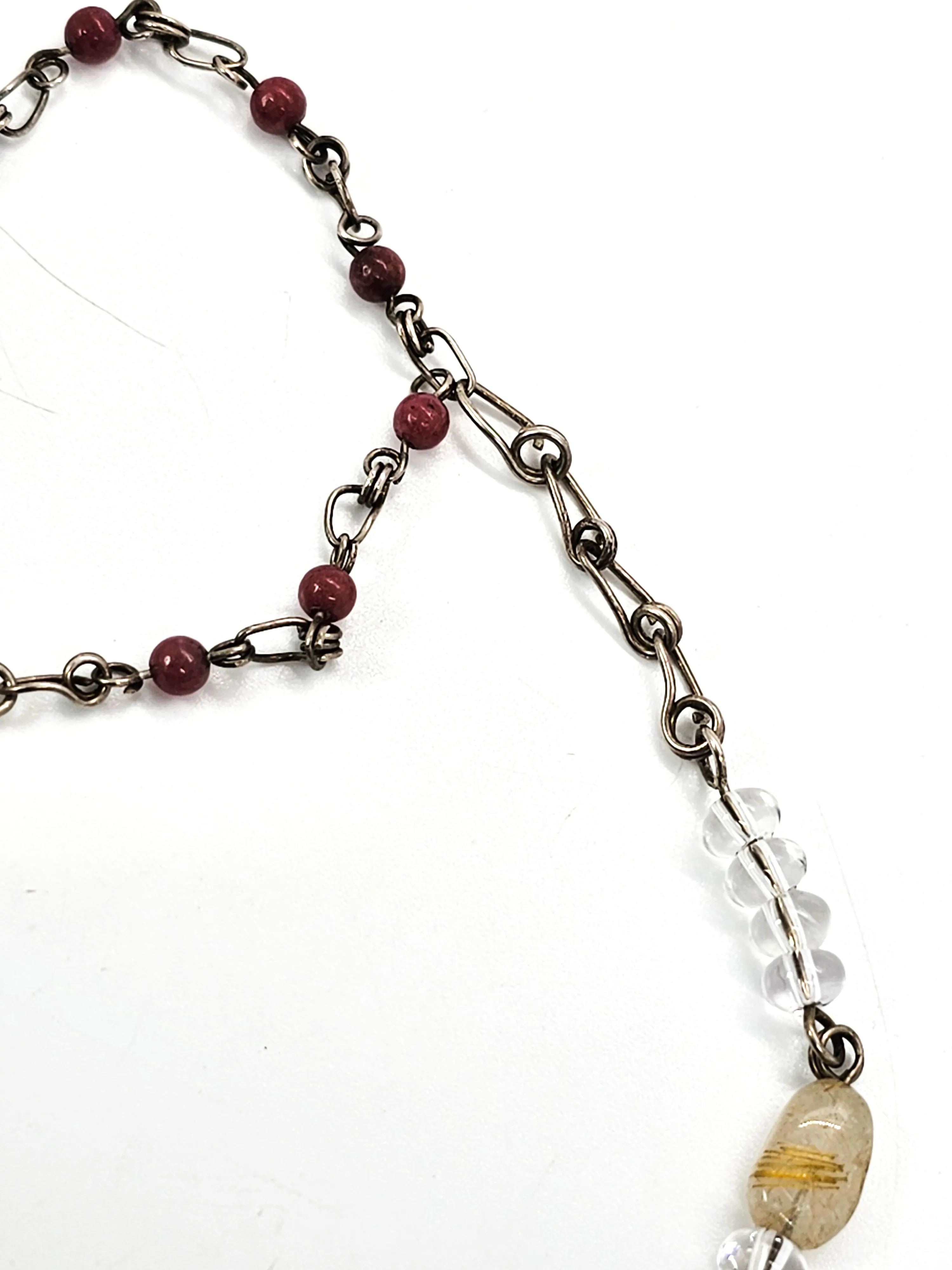 Moonstone rhodochrosite Rose quartz sterling silver artisan long necklace
