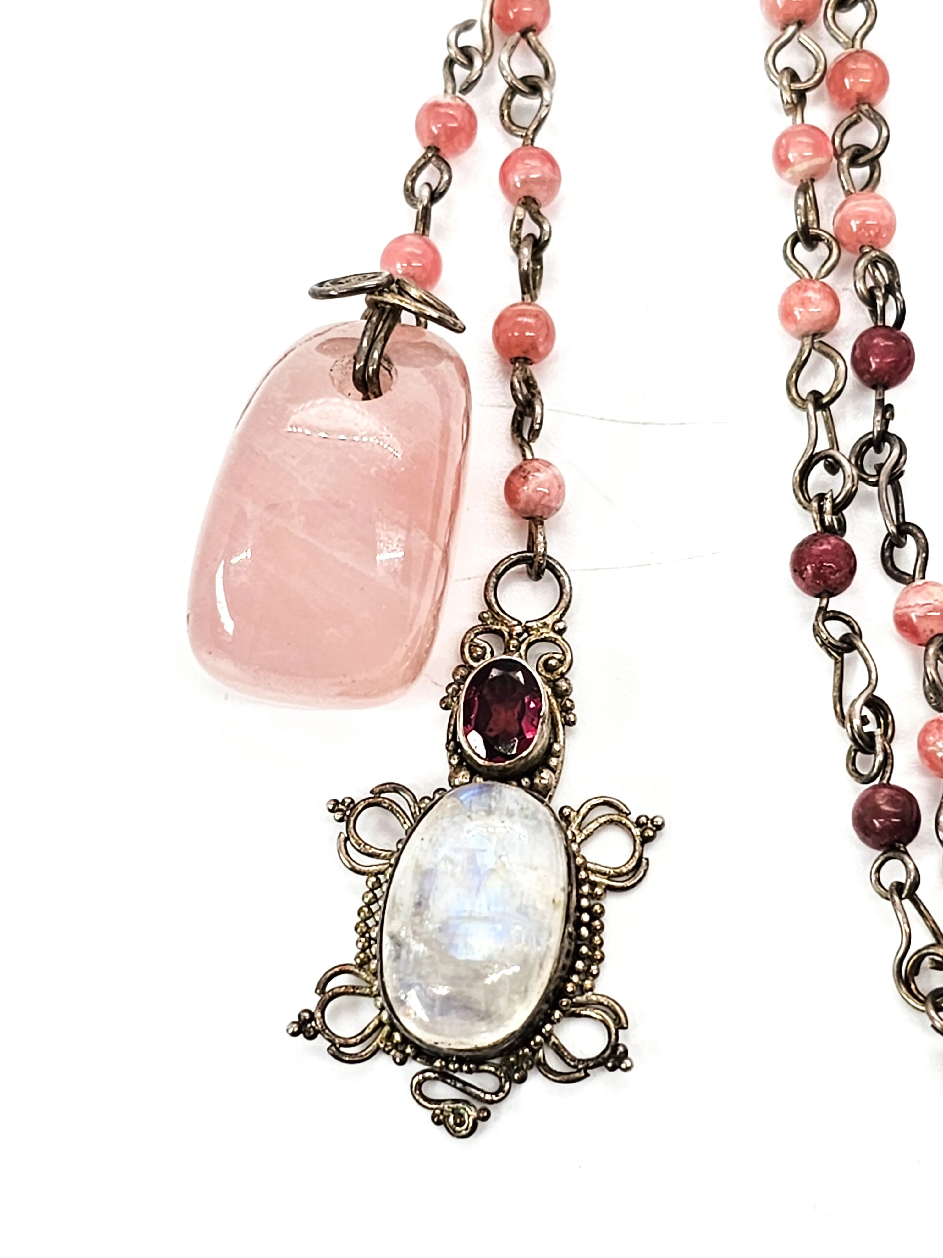 Moonstone rhodochrosite Rose quartz sterling silver artisan long necklace
