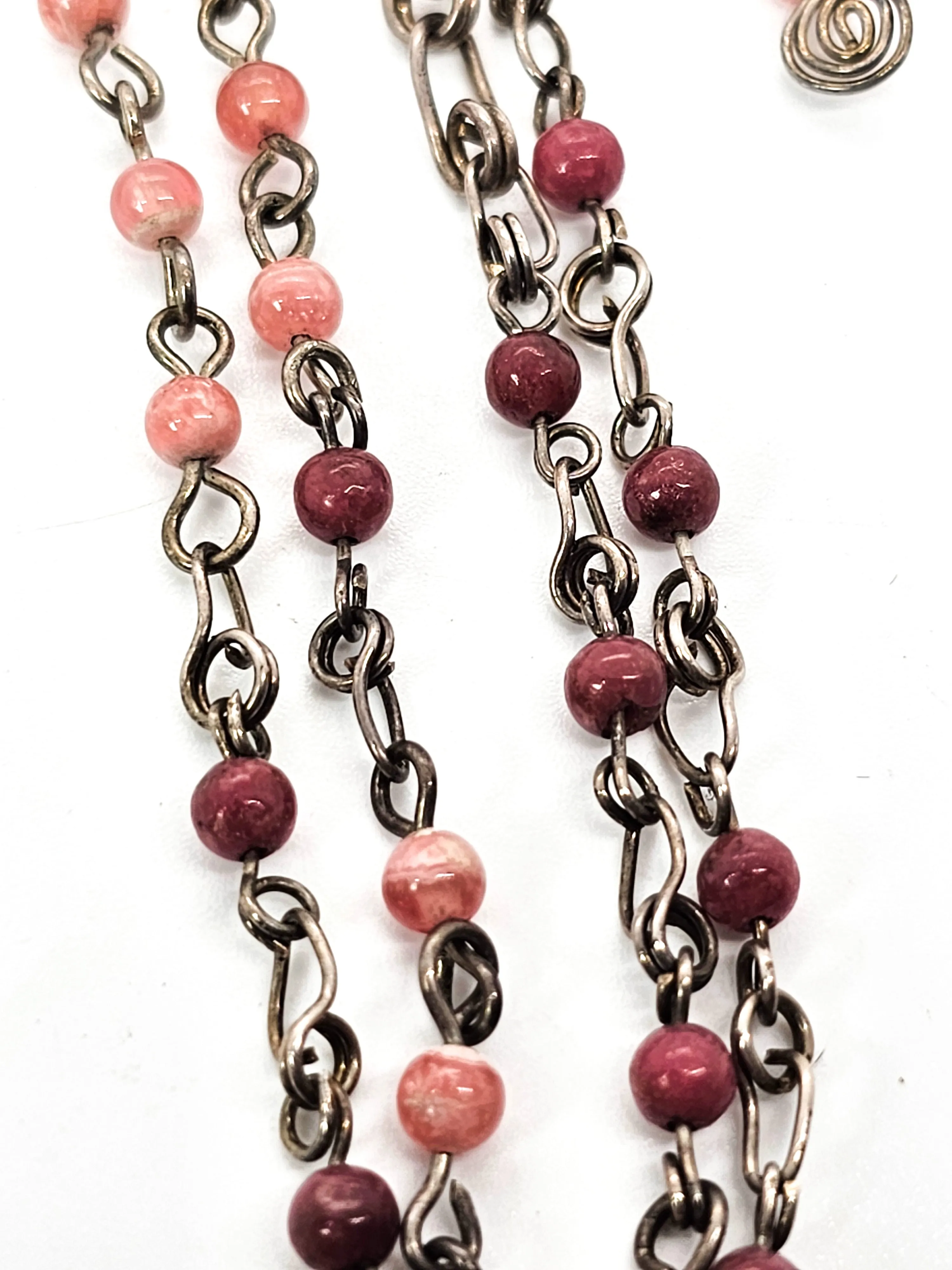 Moonstone rhodochrosite Rose quartz sterling silver artisan long necklace