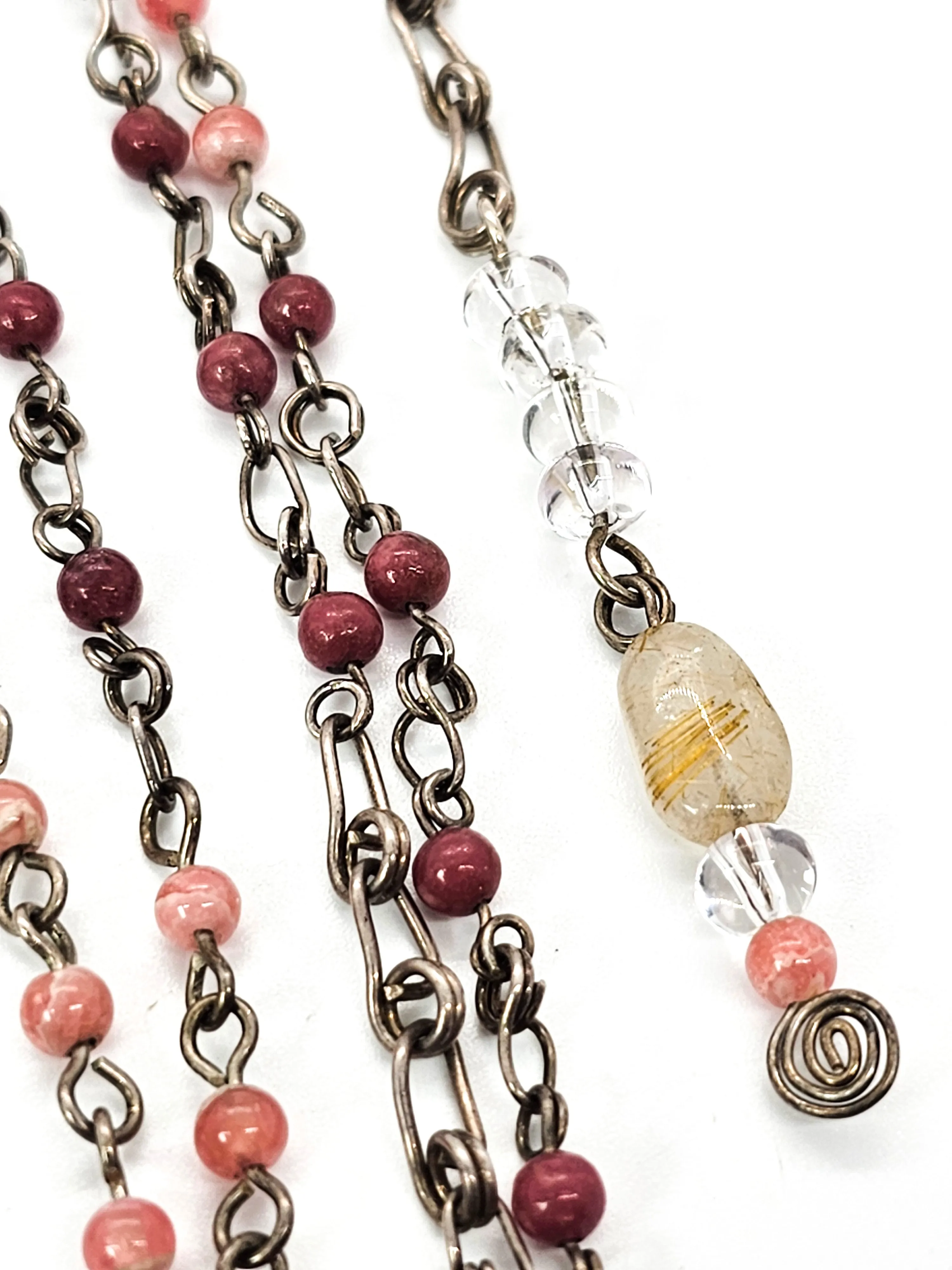 Moonstone rhodochrosite Rose quartz sterling silver artisan long necklace