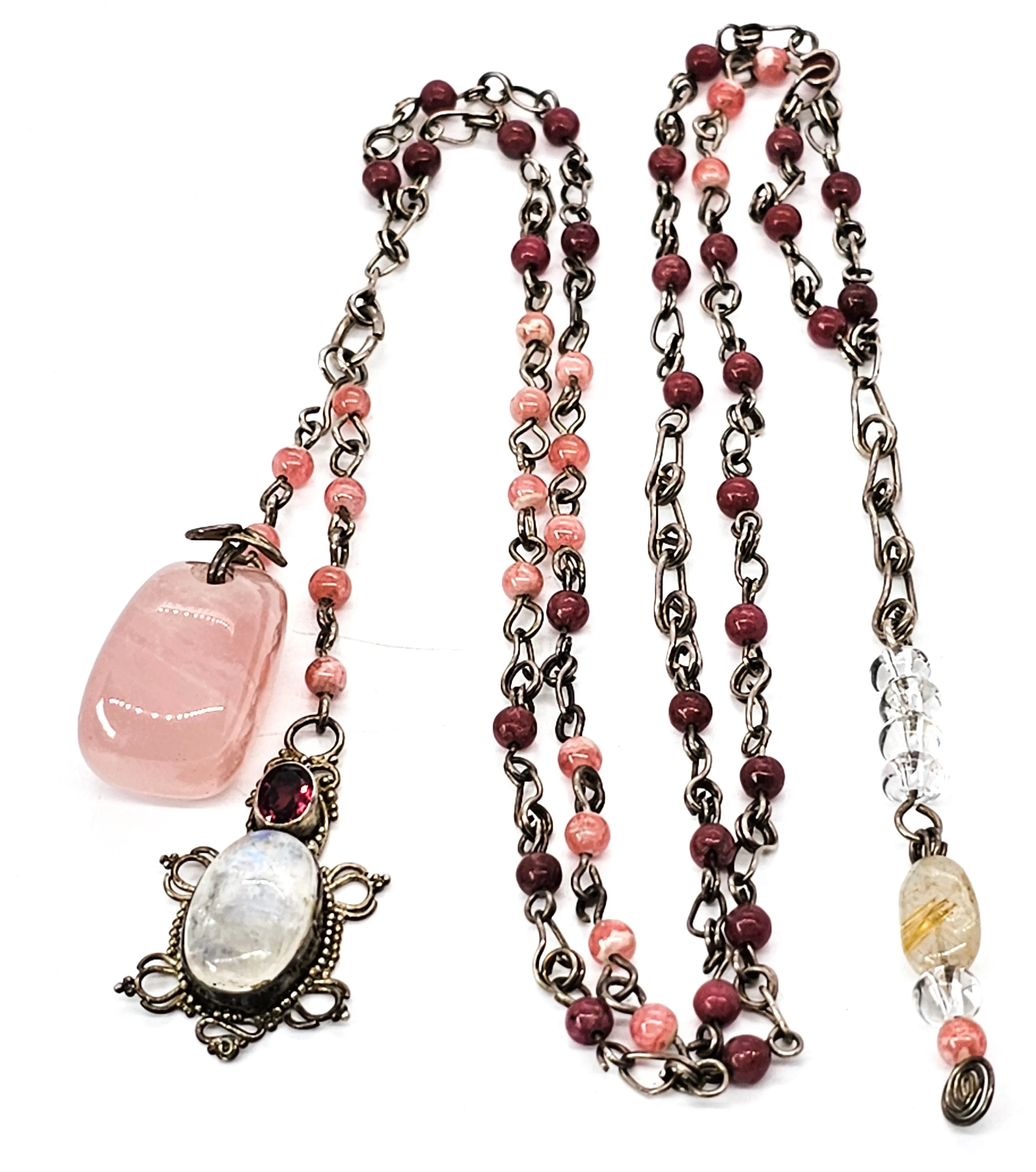 Moonstone rhodochrosite Rose quartz sterling silver artisan long necklace