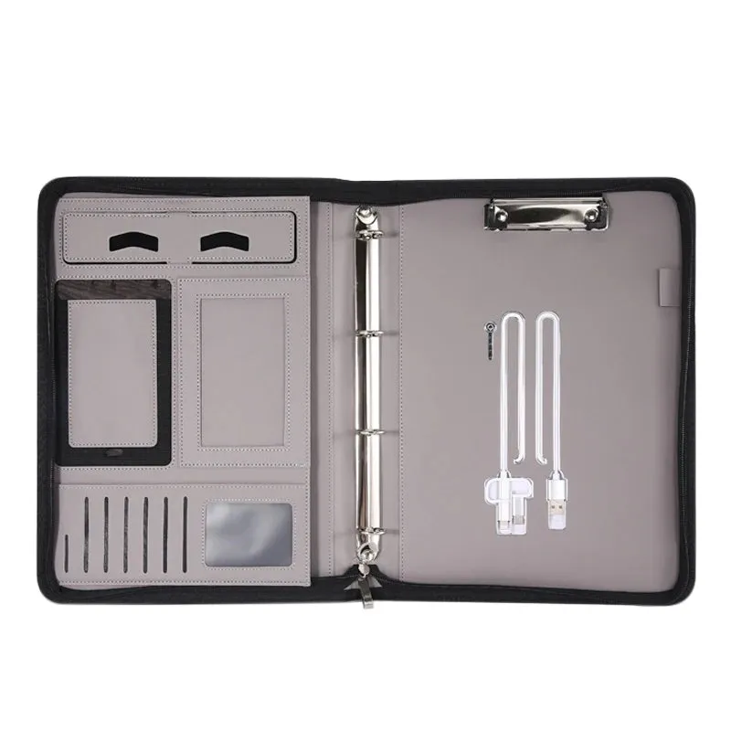 MQQ A4 Folder Power Charging Ring Binders Folder For A4 File Padfolio Leather Calculator