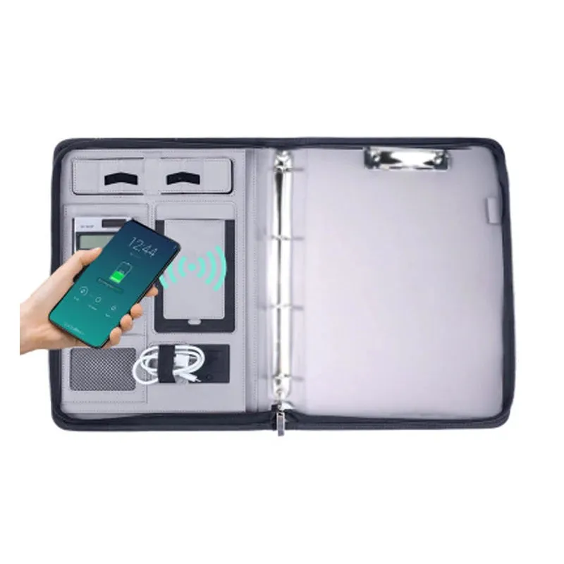 MQQ A4 Folder Power Charging Ring Binders Folder For A4 File Padfolio Leather Calculator