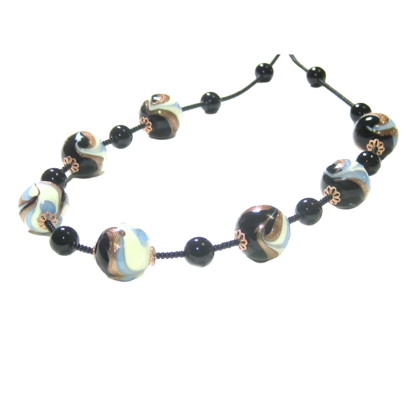Murano Glass Blue Black Copper Swirl Silver Necklace