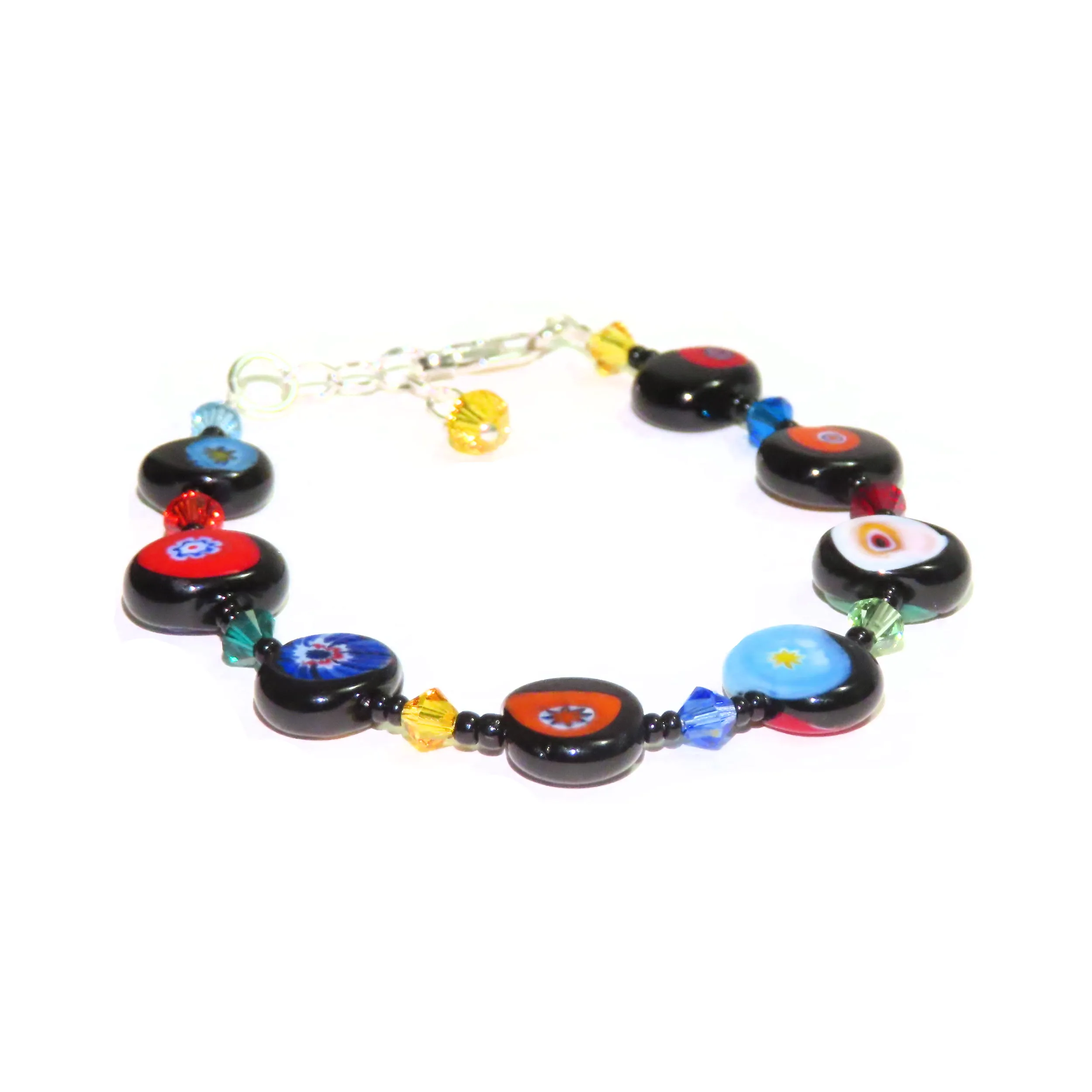 Murano Glass Colorful Millefiori Black Silver Bracelet
