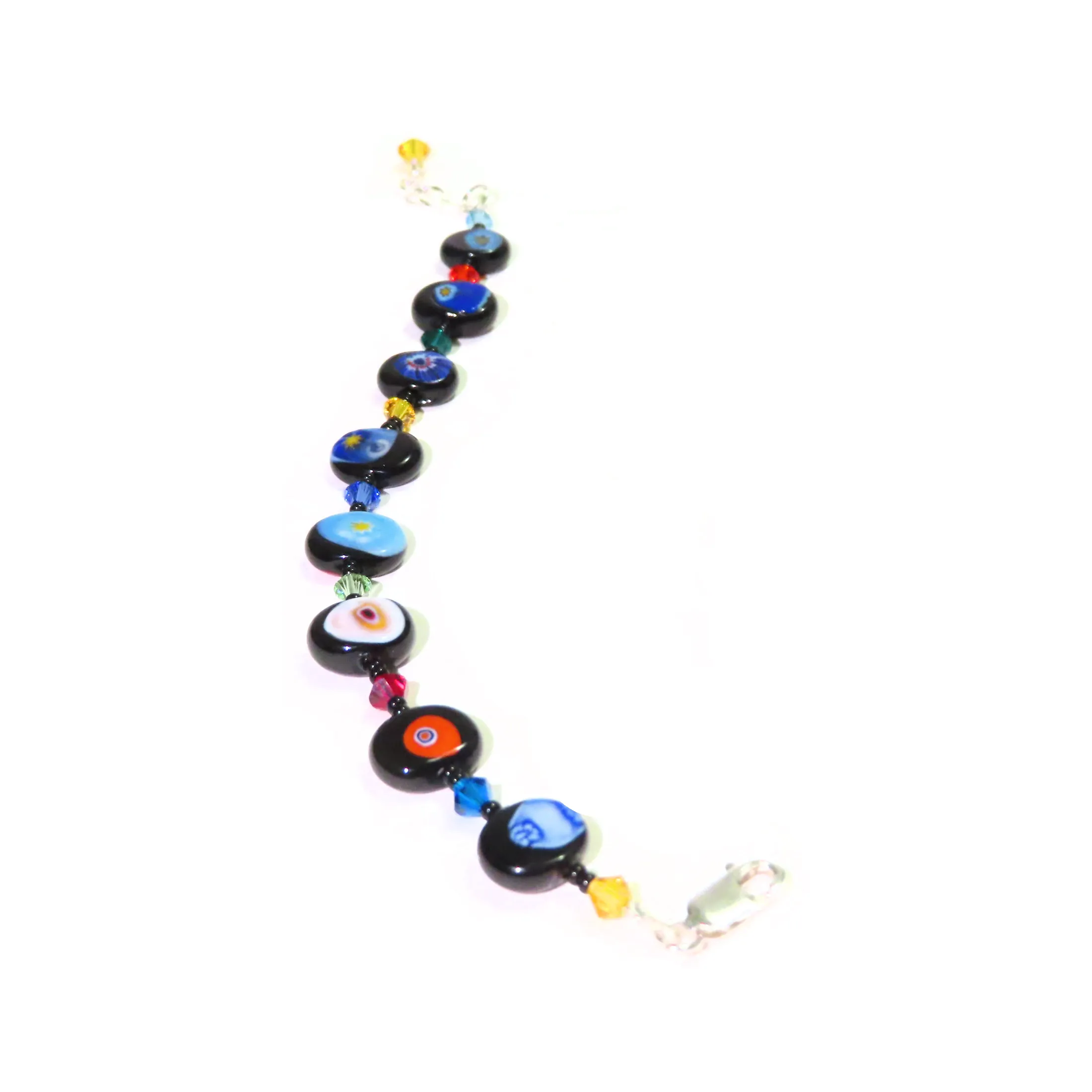 Murano Glass Colorful Millefiori Black Silver Bracelet