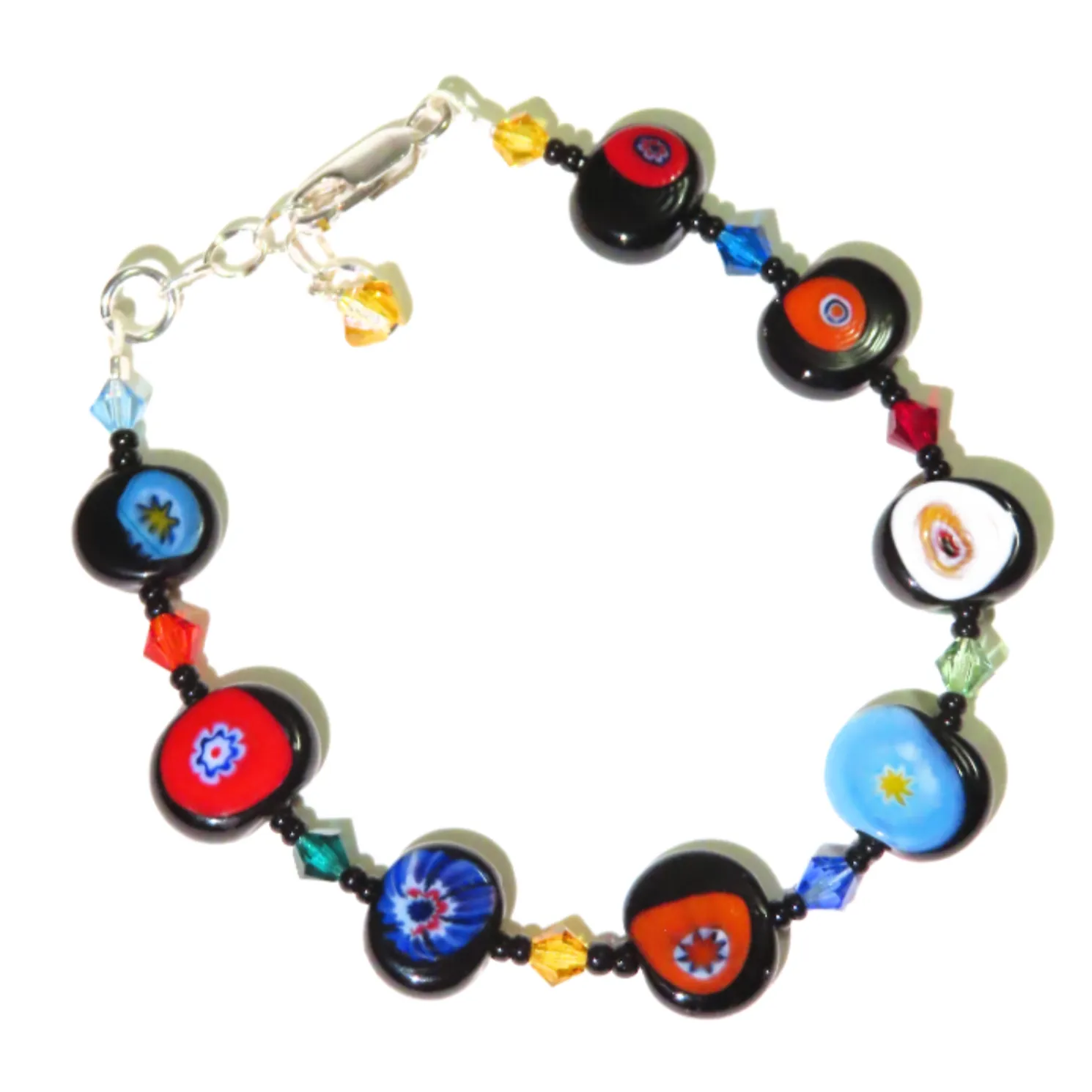 Murano Glass Colorful Millefiori Black Silver Bracelet
