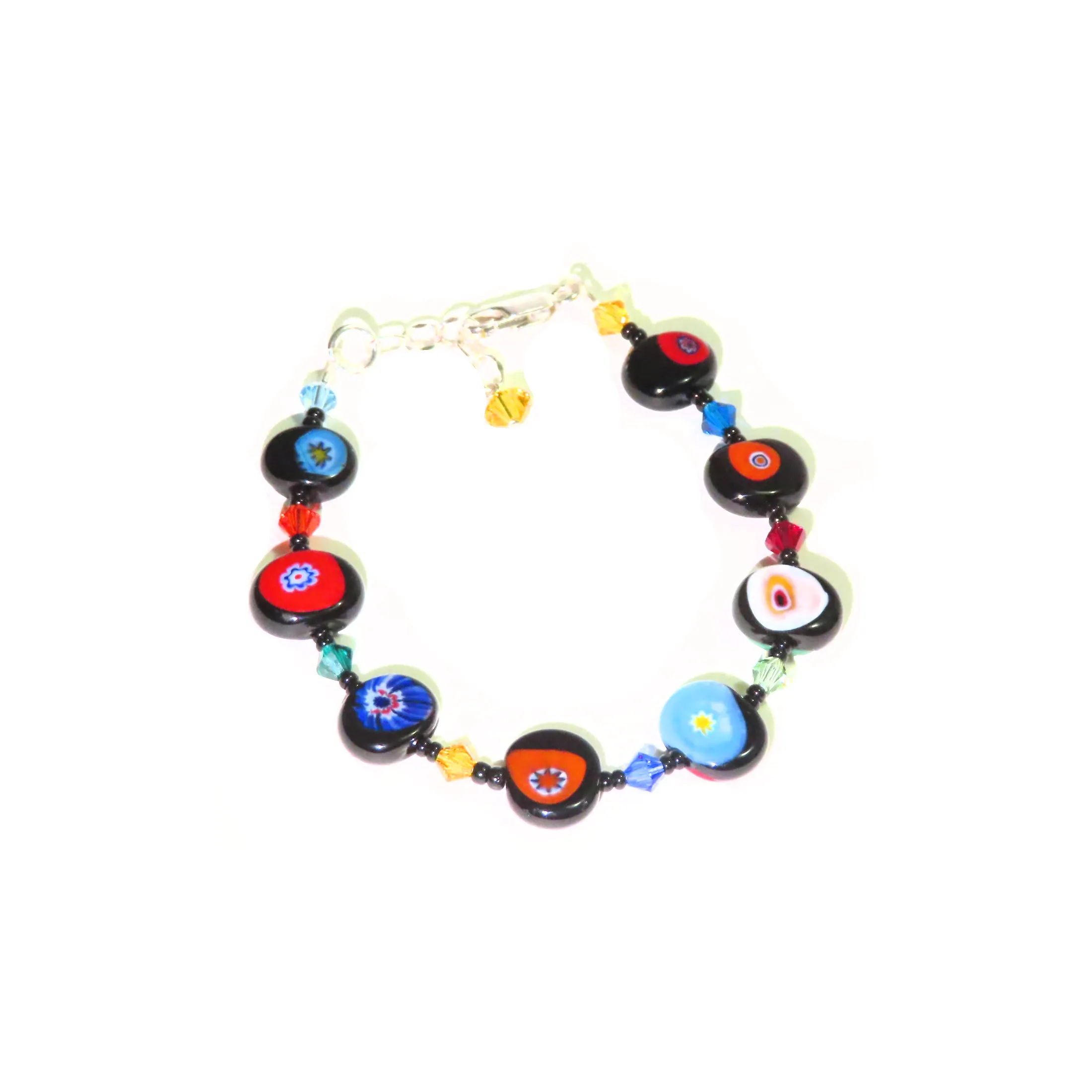 Murano Glass Colorful Millefiori Black Silver Bracelet
