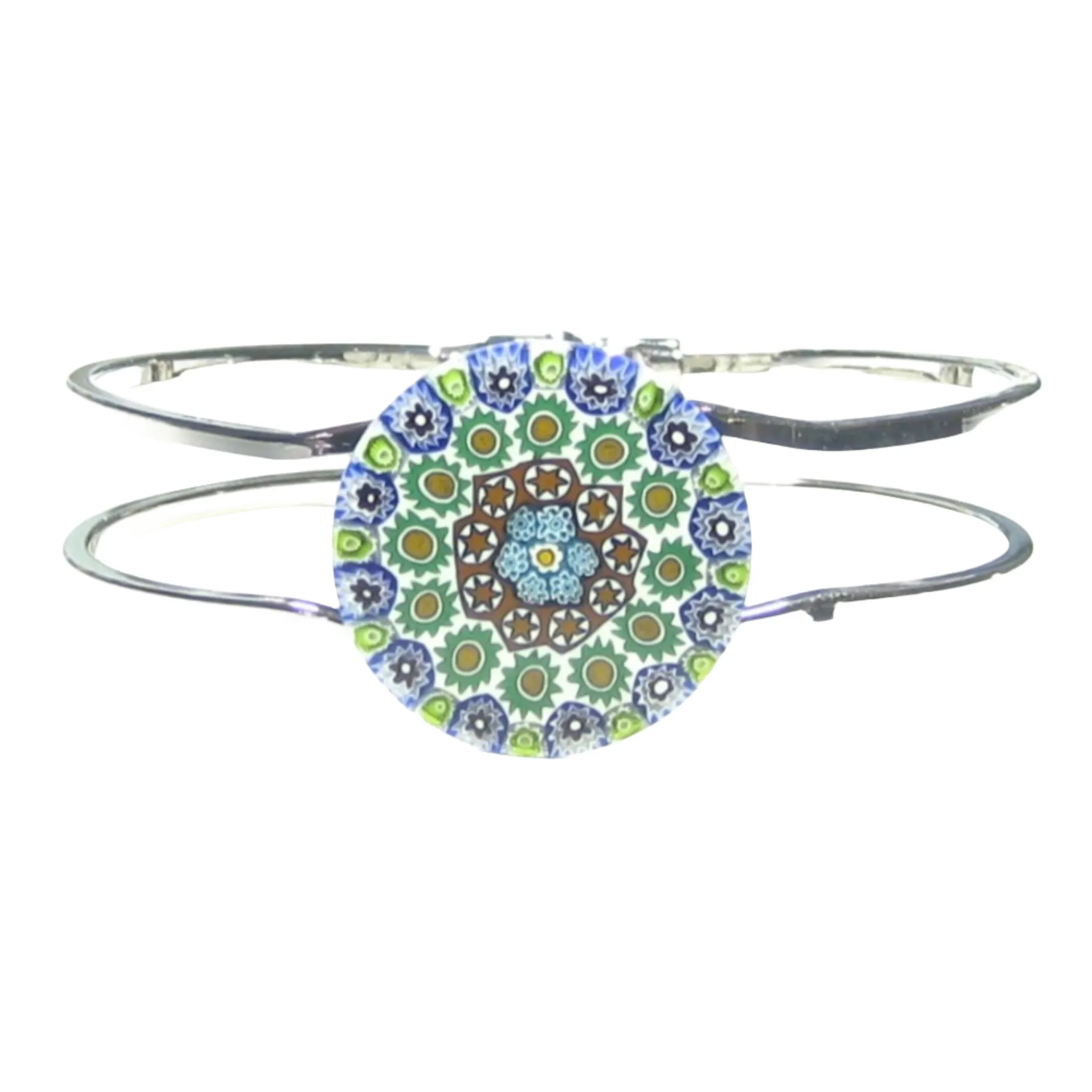 Murano Glass Green Blue Millefiori Chrome Bangle Bracelet