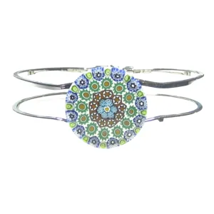 Murano Glass Green Blue Millefiori Chrome Bangle Bracelet