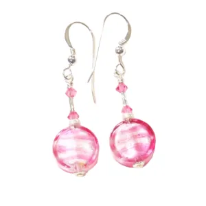 Murano Glass Pink Striped Coin Silver Earrings, Leverback Earrings