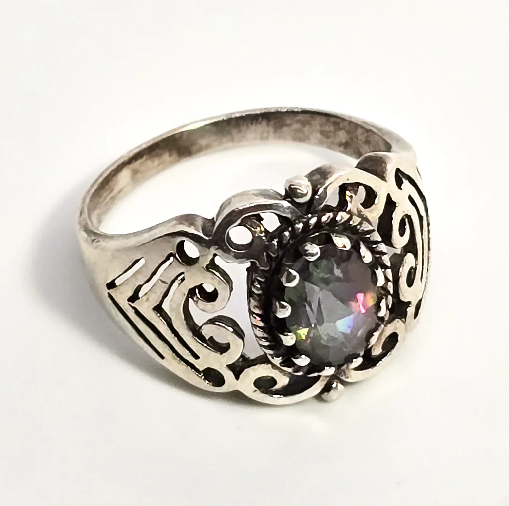 Mystic Topaz rainbow gemstone tribal open work sterling silver ring size 6.5