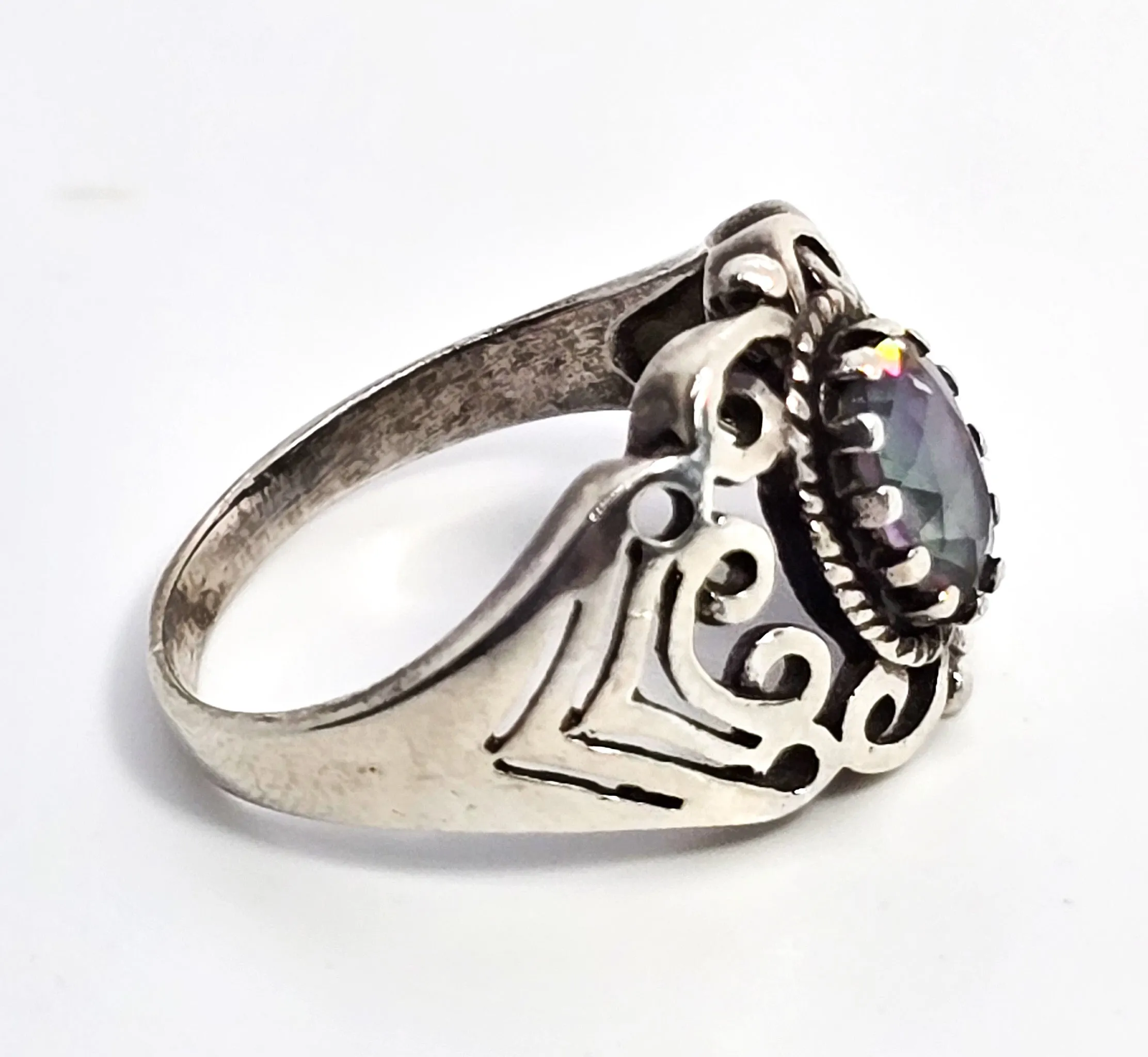 Mystic Topaz rainbow gemstone tribal open work sterling silver ring size 6.5