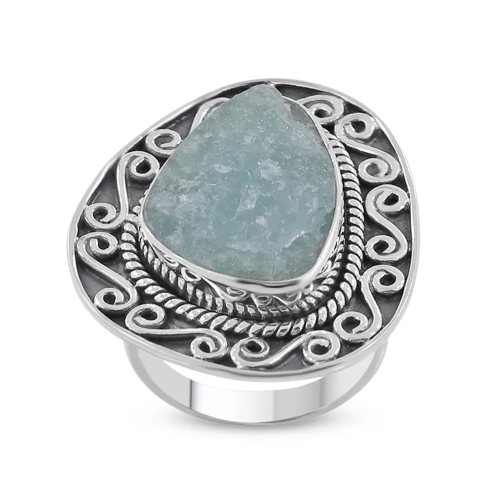 Natural Aquamarine Handmade 925 Silver Ring Raw Gemstone Jewelry