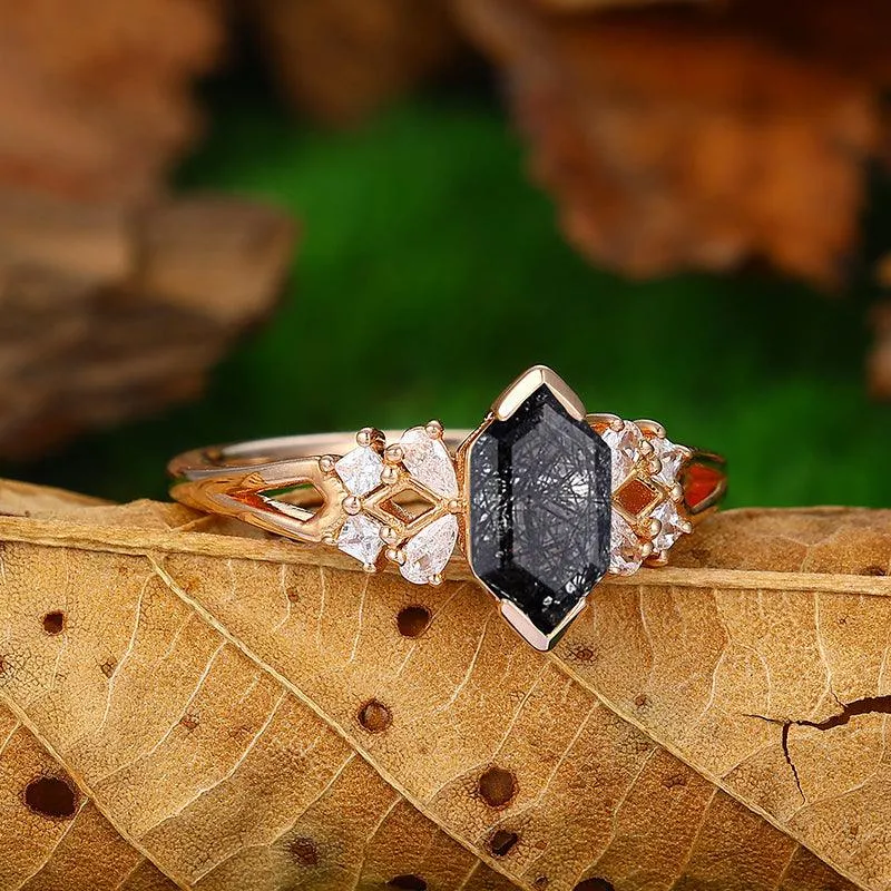 Natural Black Rutilated Quartz Diamond 14k Rose Gold Split Shank Moissanite Cluster Ring