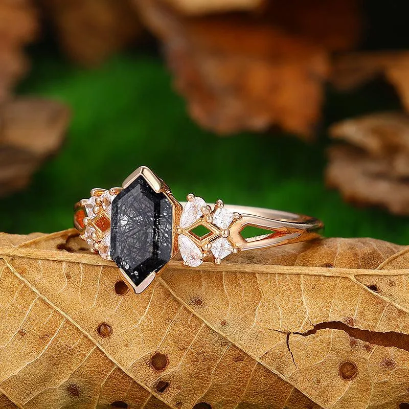Natural Black Rutilated Quartz Diamond 14k Rose Gold Split Shank Moissanite Cluster Ring